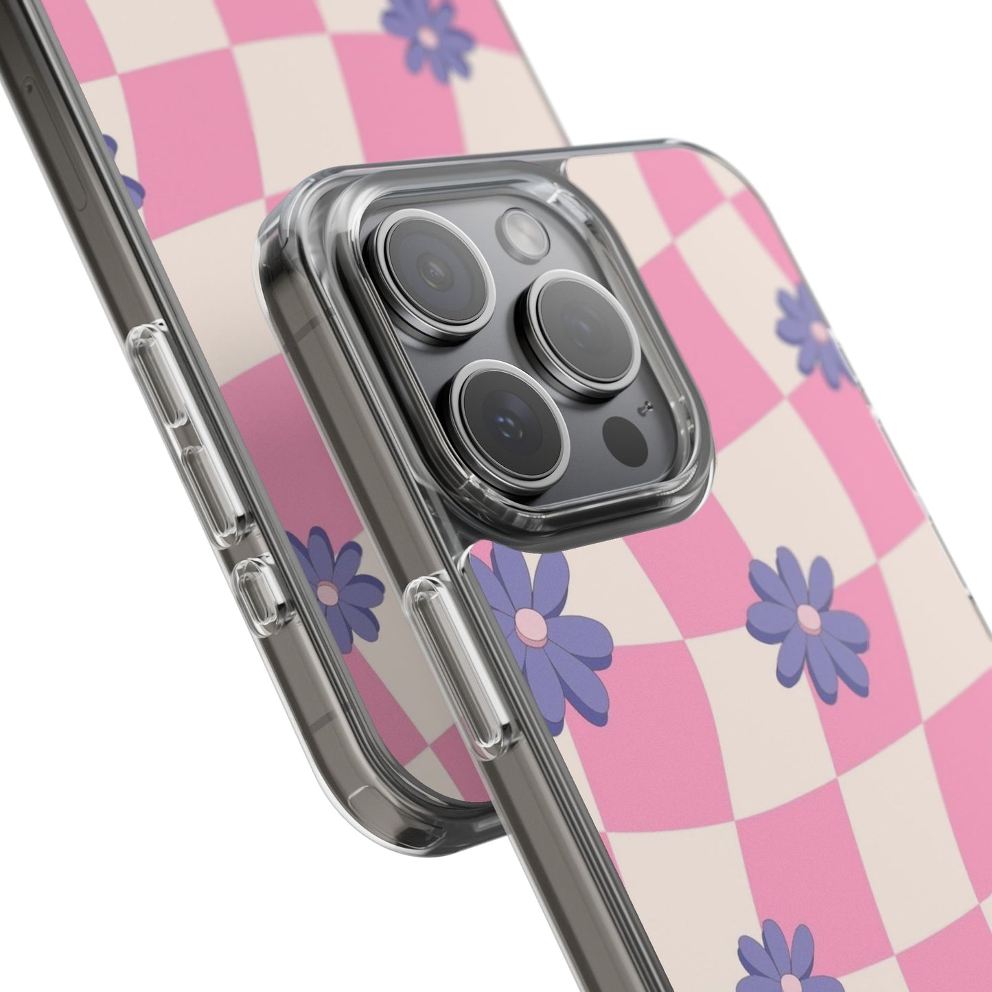 Clear Impact Phone Case — Pink Checkerboard with Purple Flowers