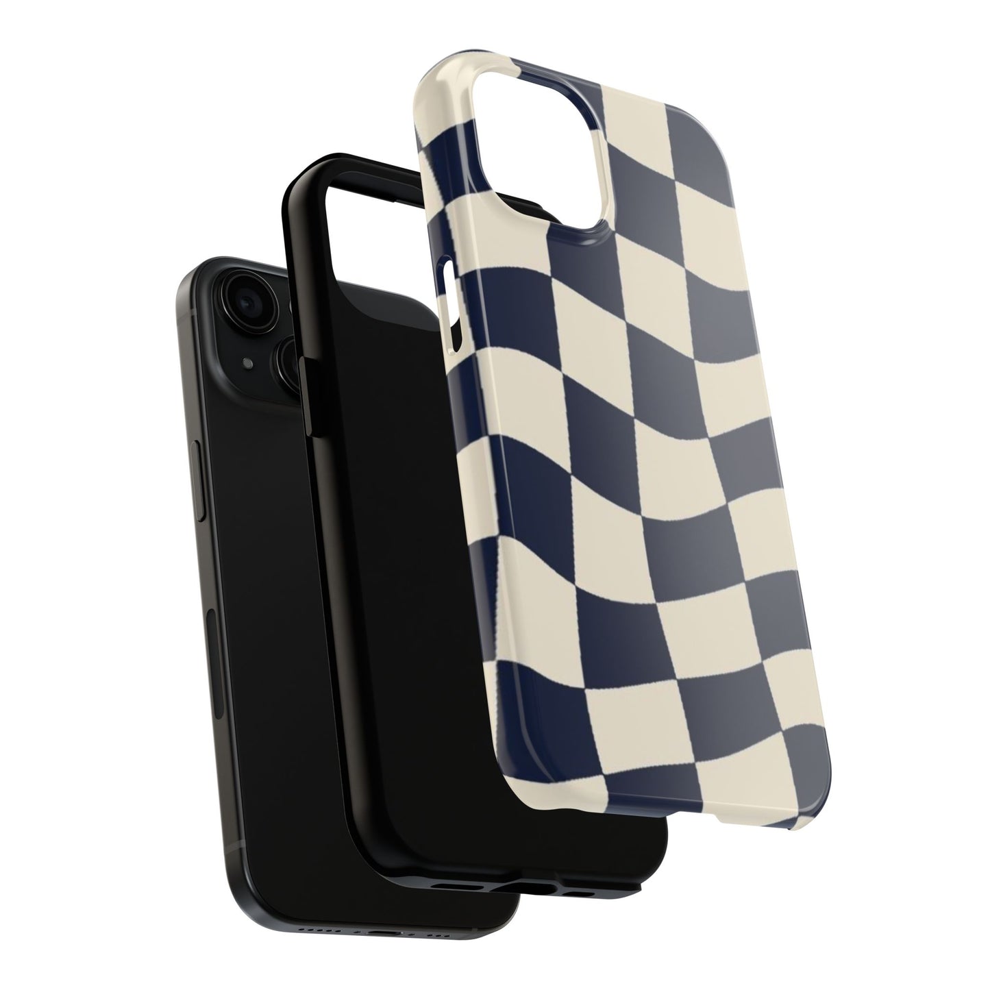 Wavy Checkerboard Tough Phone Case — Navy & Cream Protective Cover