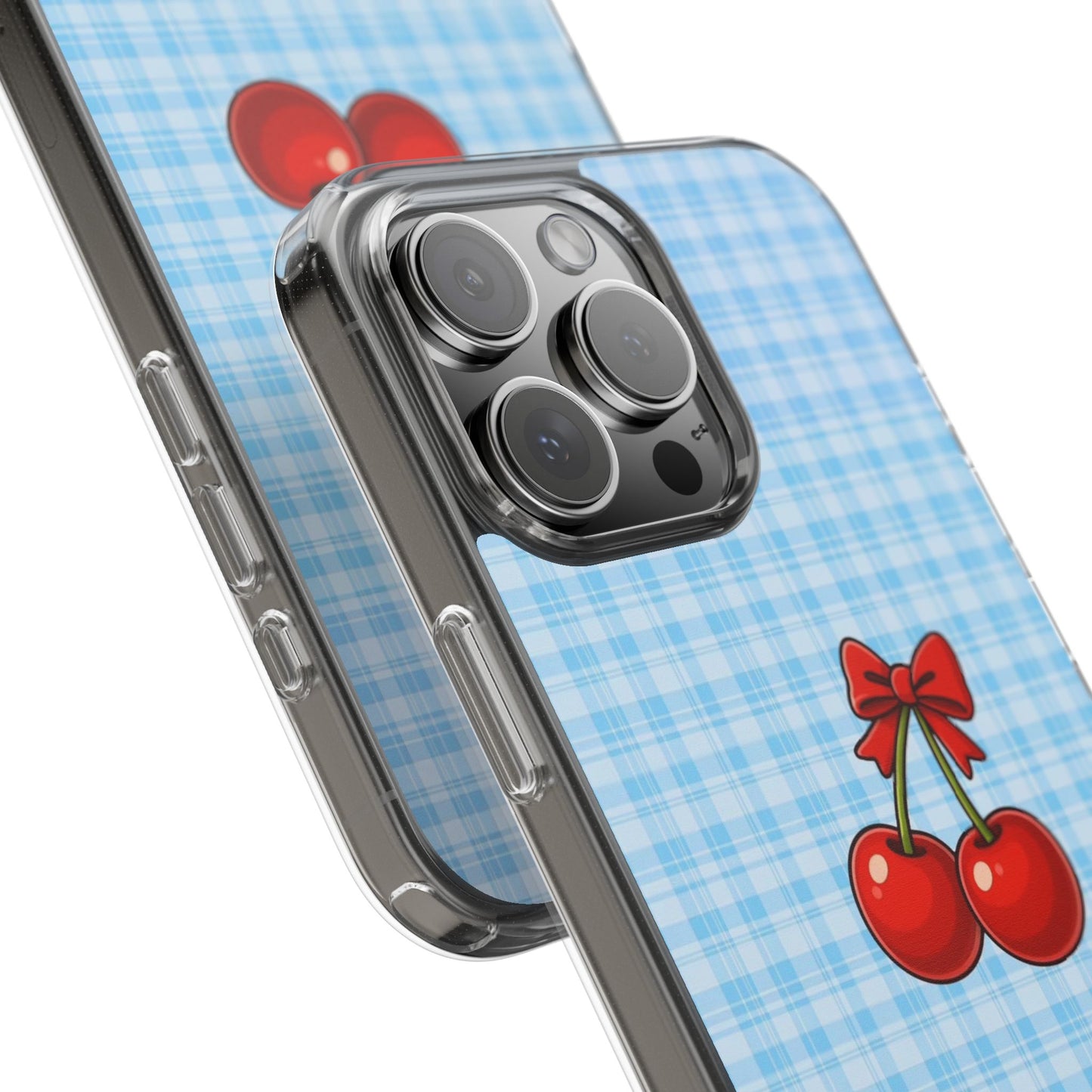 Clear Cherry Gingham Phone Case — Impact-Resistant Clear Case with Red Cherry Design