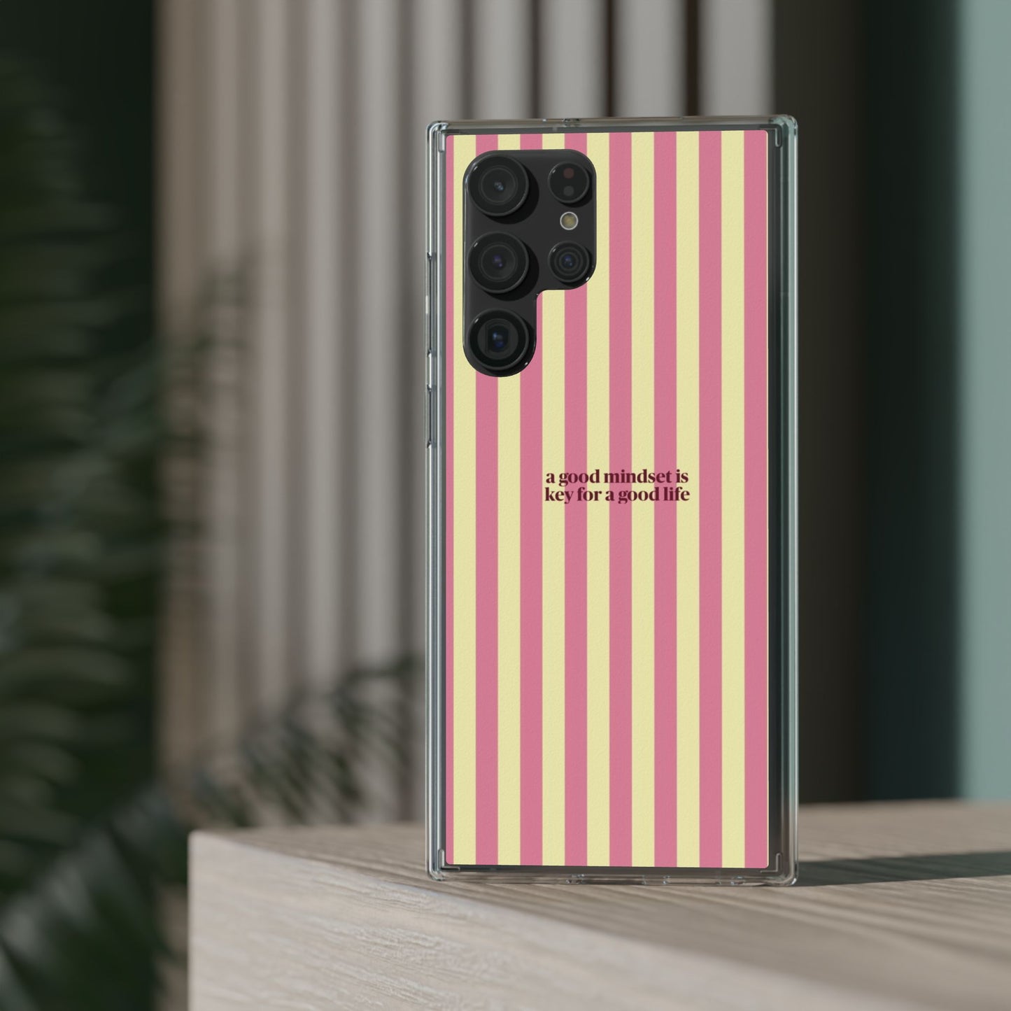 Striped Clear Phone Case — "A Good Mindset Is Key for a Good Life" Motivational iPhone Case
