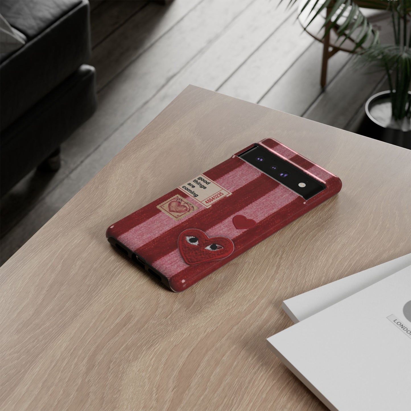 Phone Case — Red Striped Heart Design with “Good Things Are Coming”
