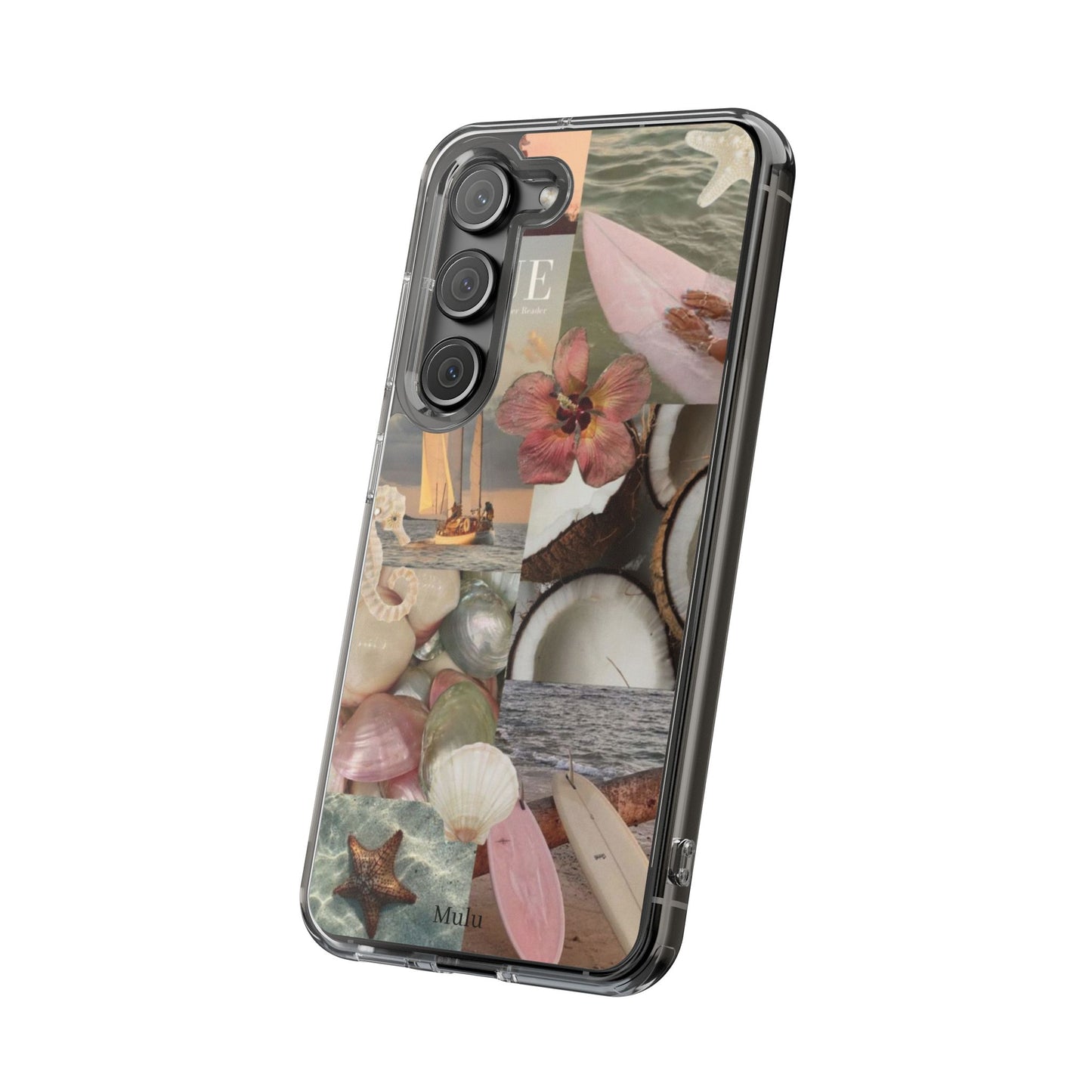 Clear Phone Case — Coastal Collage Shells & Surf Design