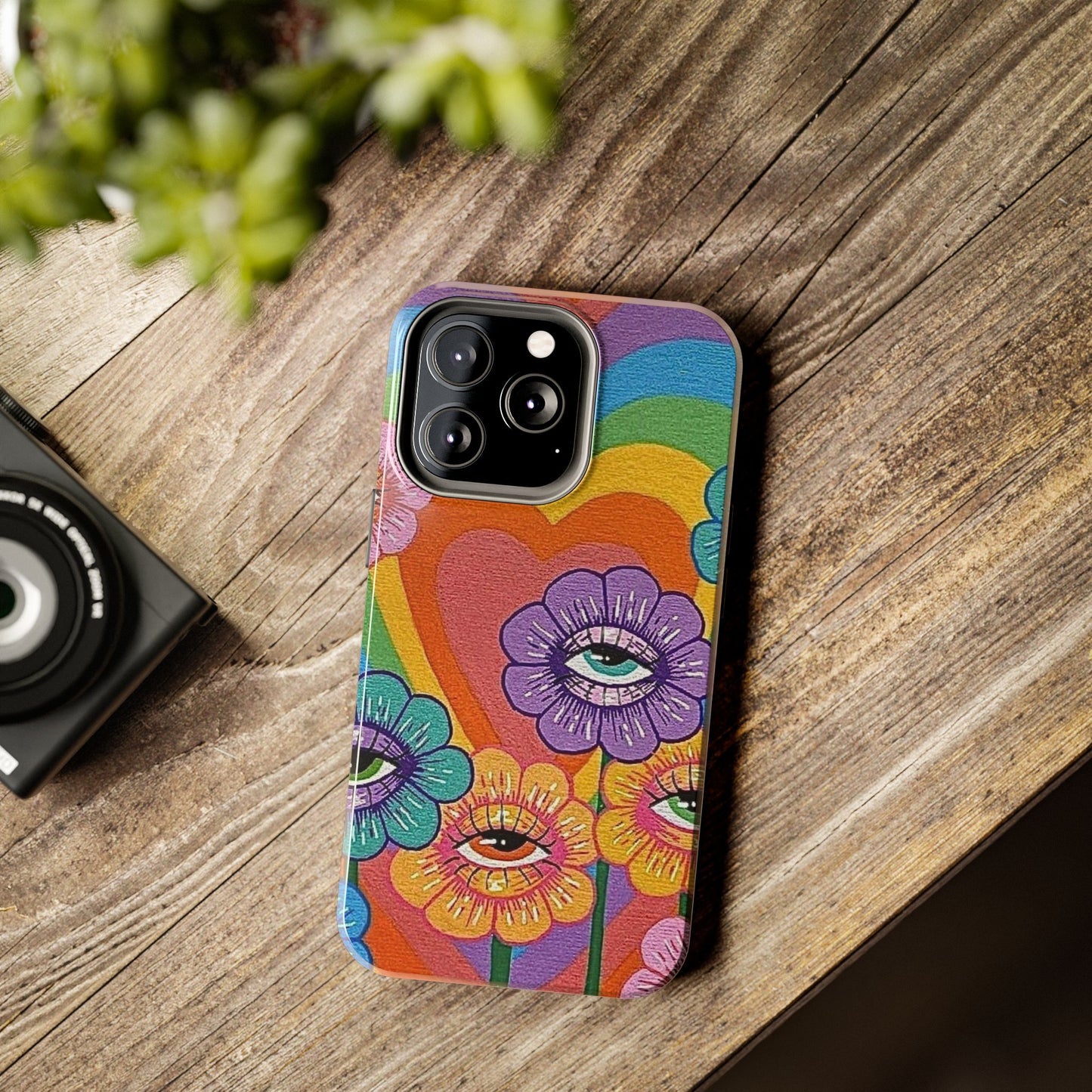 Psychedelic Eye Flower Tough Phone Case — Retro Rainbow Protective iPhone Cover