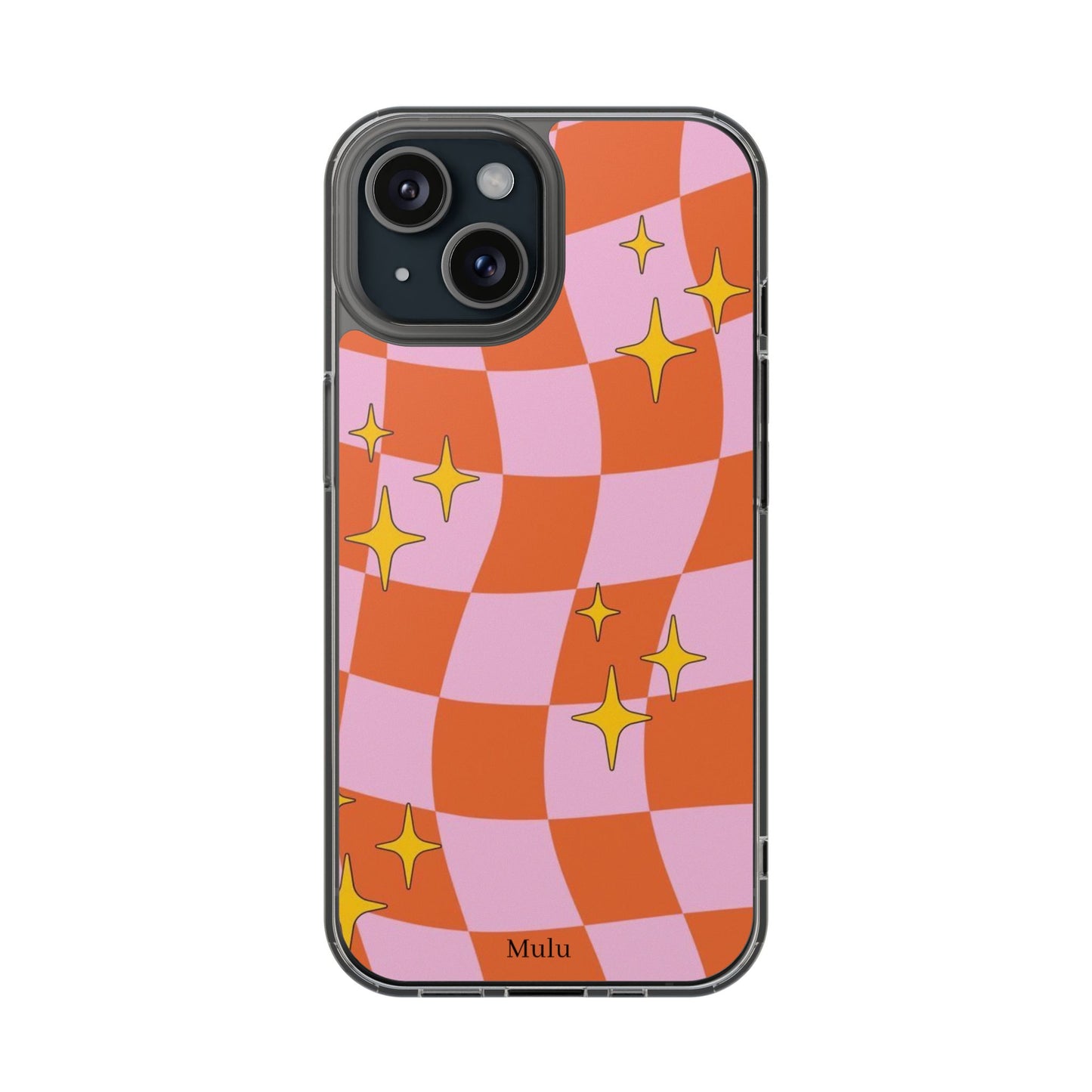 Clear Impact-Resistant Case — Retro Pink & Orange Checker with Sparkle Stars