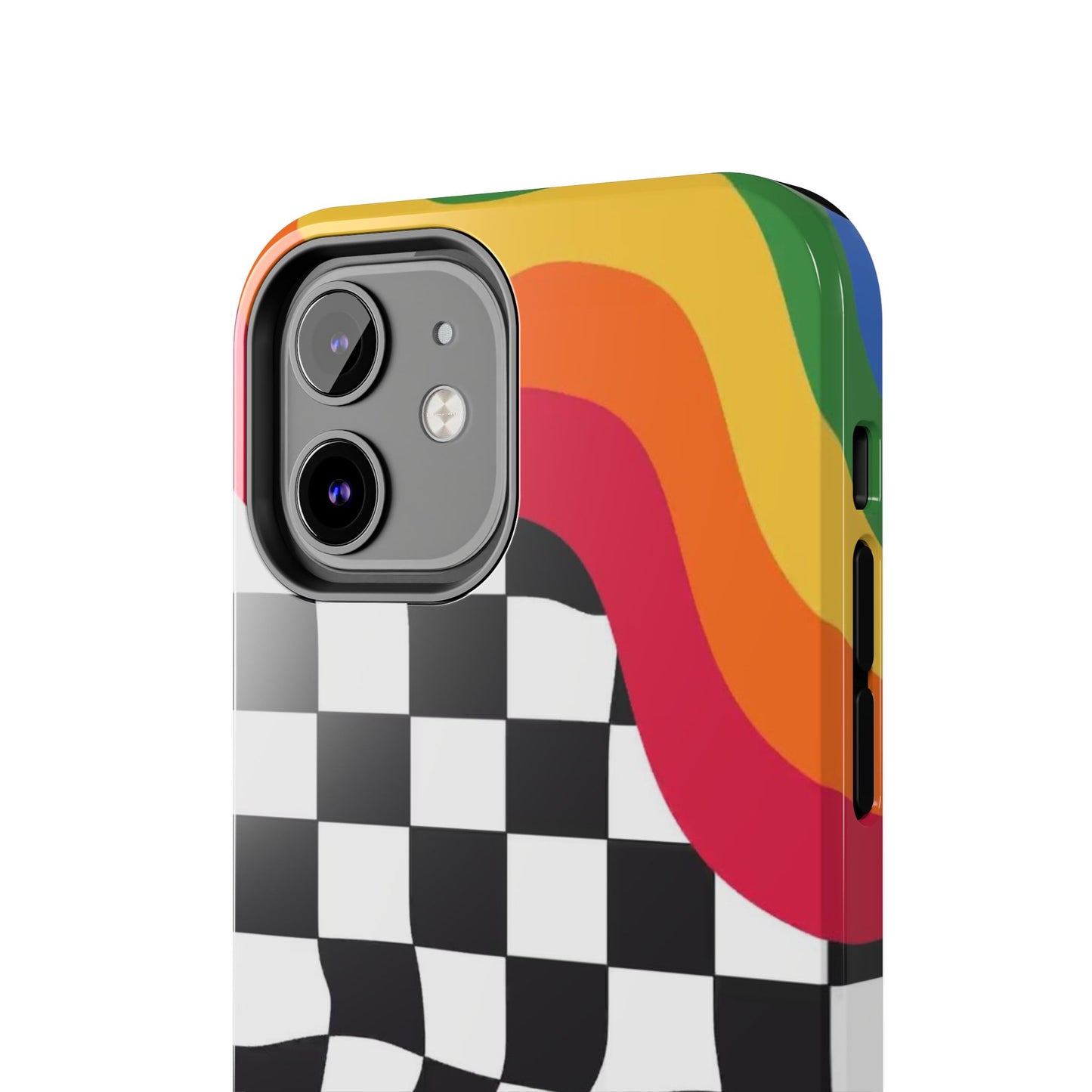 Retro Wavy Checkerboard Tough Phone Case — Rainbow Surf Skate Design