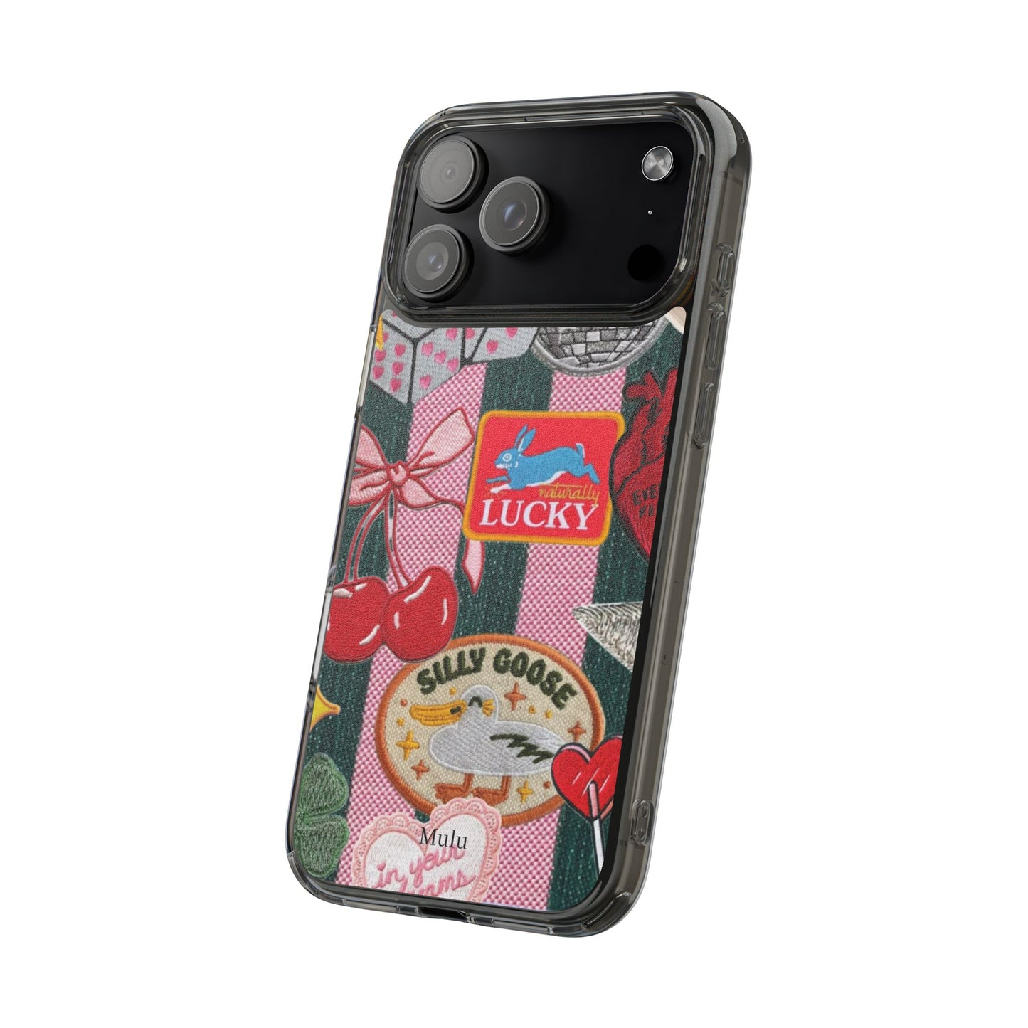 Clear Impact-Resistant Phone Case — Retro Patchwork Stickers (Lucky, Cherries, Silly Goose)