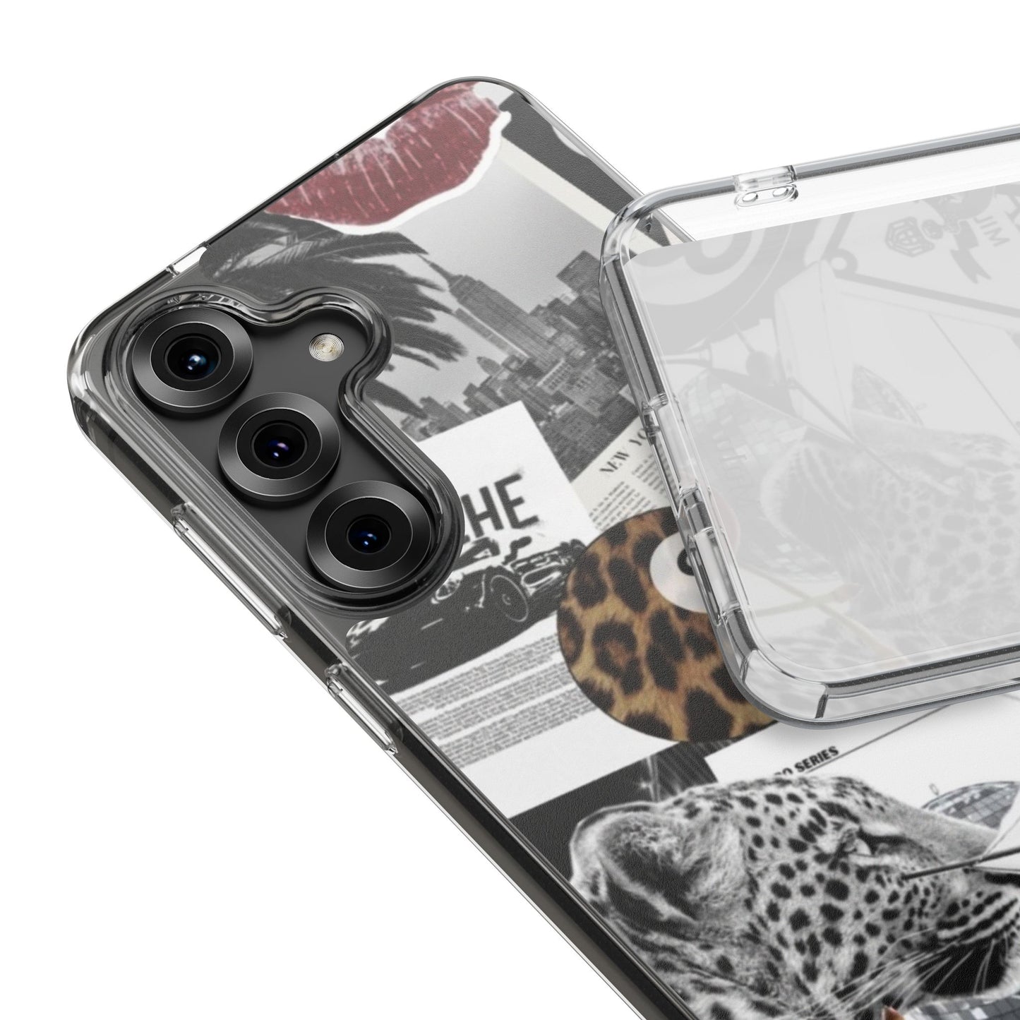 Clear Impact-Resistant Phone Case — Collage Luxury Leopard & Vintage Car Design