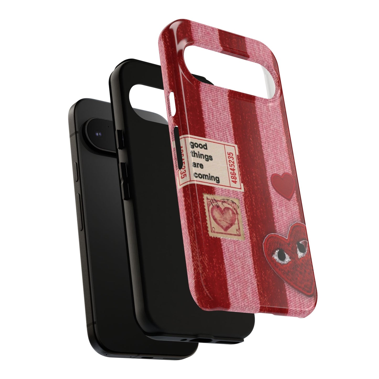 Phone Case — Red Striped Heart Design with “Good Things Are Coming”