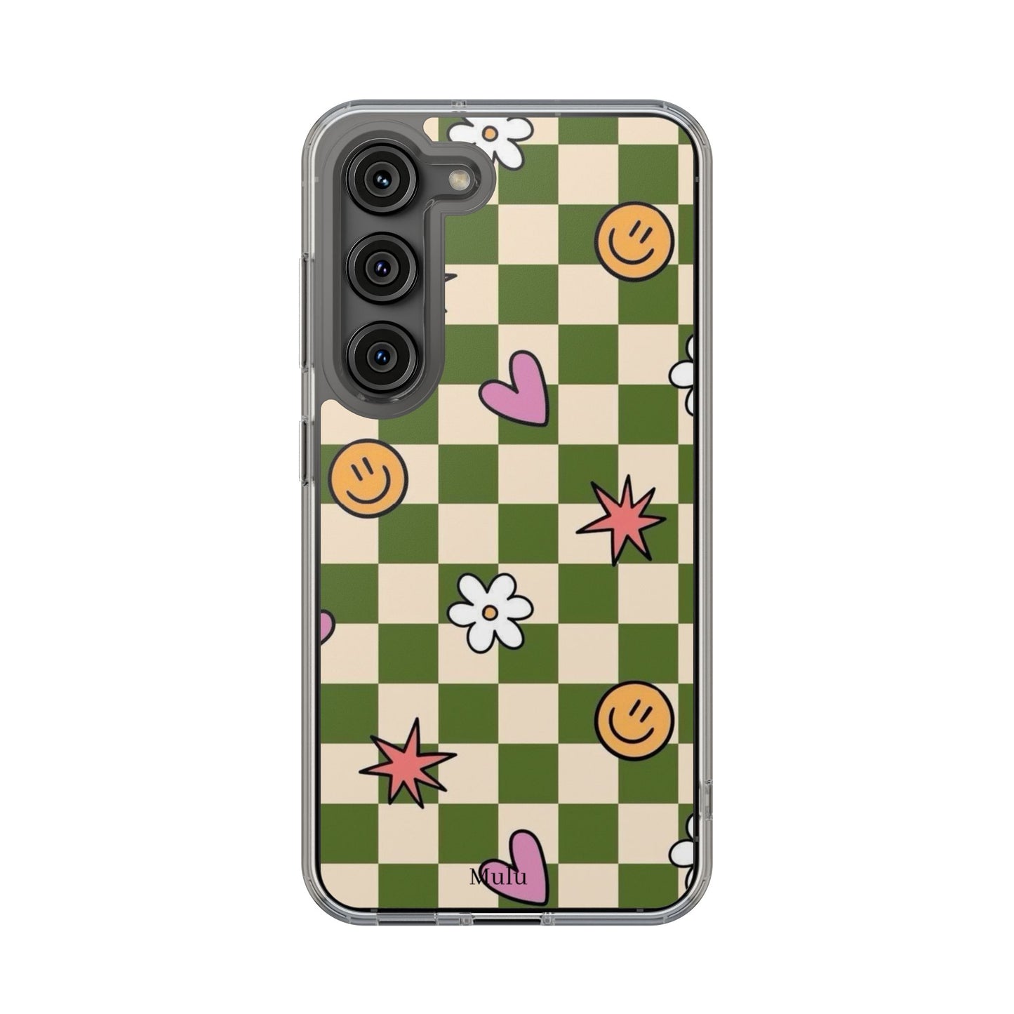 Clear Impact-Resistant Case — Retro Green Checkerboard with Smiley, Hearts & Flowers
