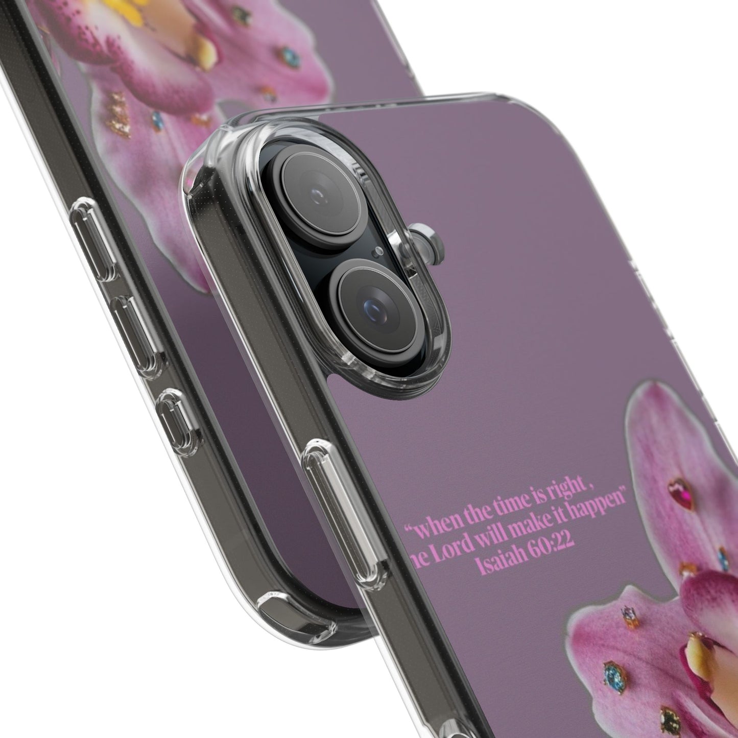 Clear Floral Impact-Resistant Phone Case — "When the time is right" Rose Orchid Design
