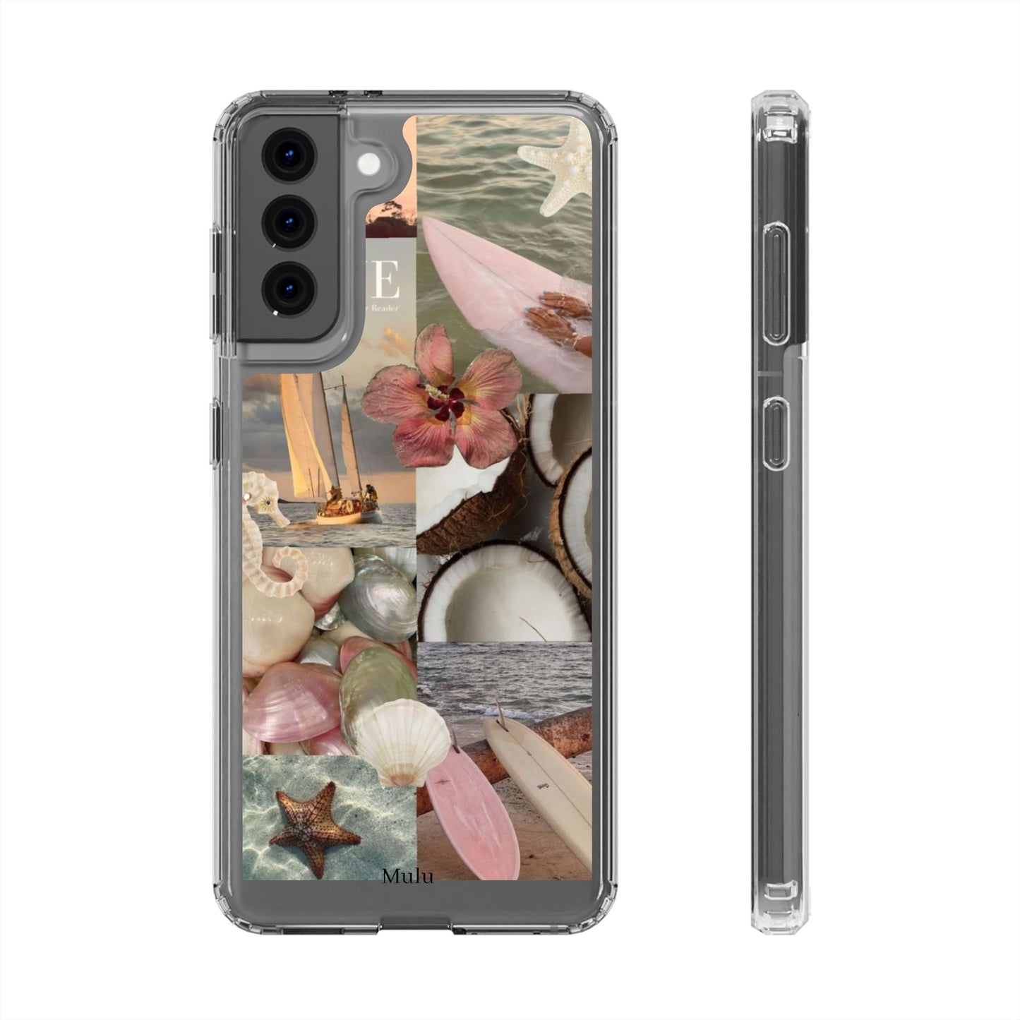 Clear Phone Case — Coastal Collage Shells & Surf Design