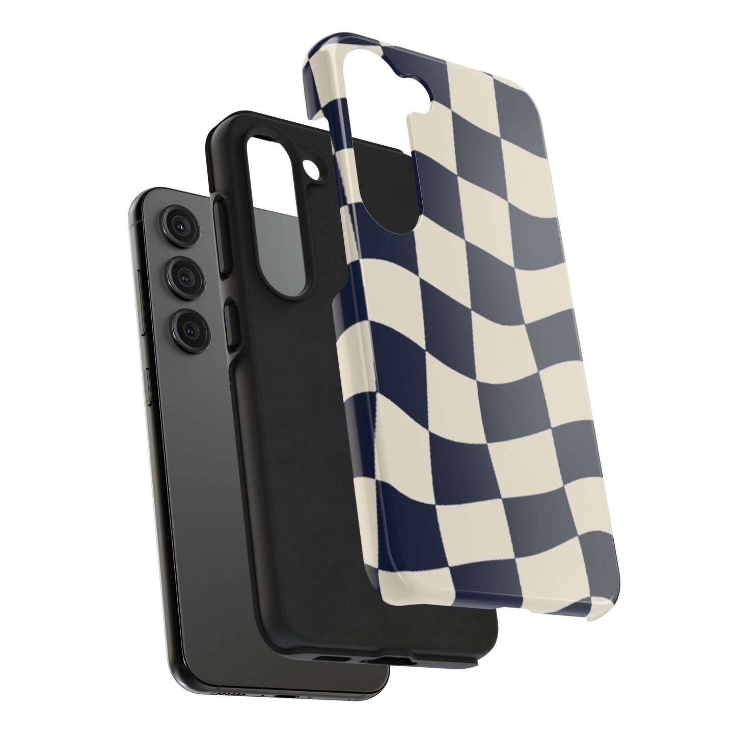 Wavy Checkerboard Tough Phone Case — Navy & Cream Protective Cover