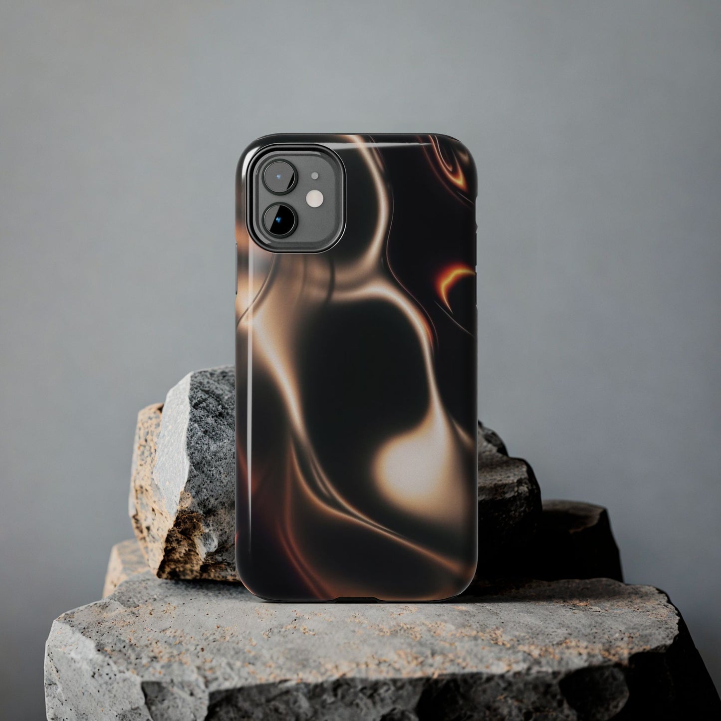 Abstract Liquid Glow Tough Phone Case — Black & Bronze Swirl Protective Cover
