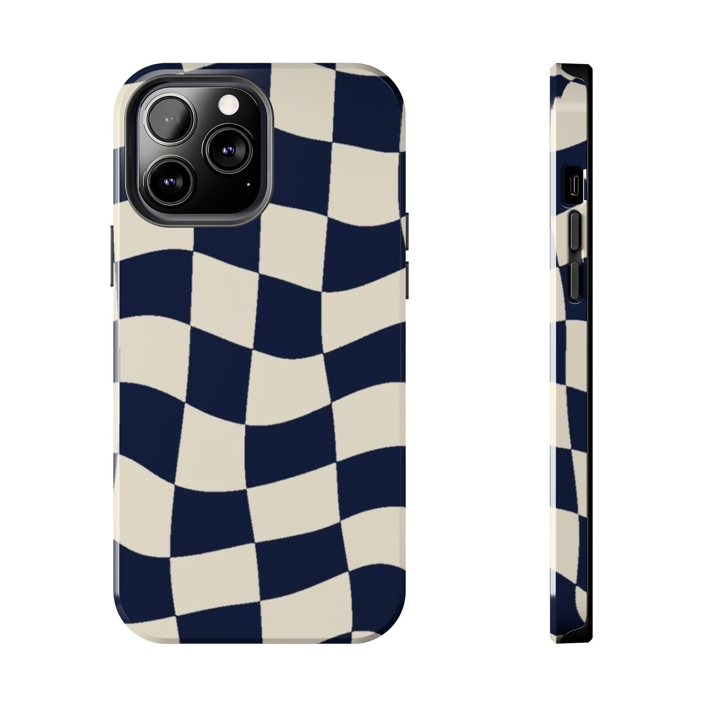 Wavy Checkerboard Tough Phone Case — Navy & Cream Protective Cover