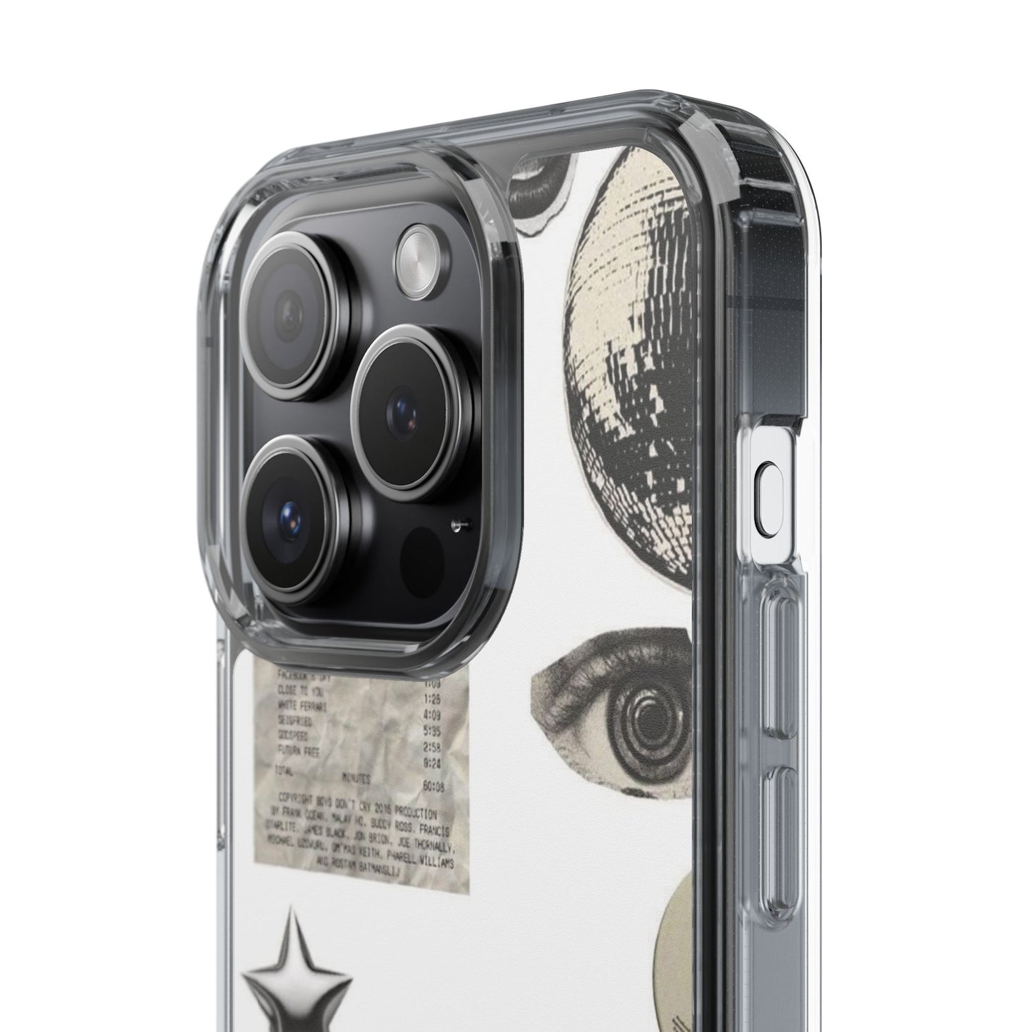 Clear Phone Case — Vintage Collage Stickers (Moon, Eye, Car, Cherries)