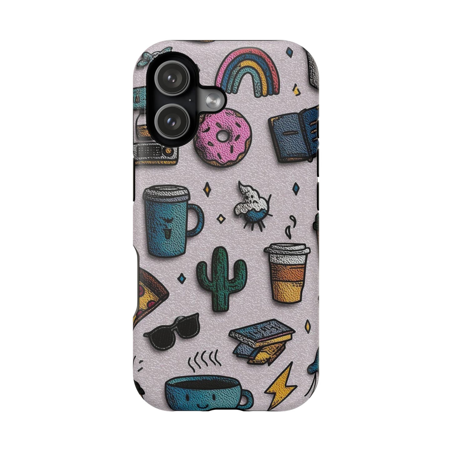 Cute Doodle Phone Case — Magnetic Impact-Resistant Design (coffee, rainbow, cactus)