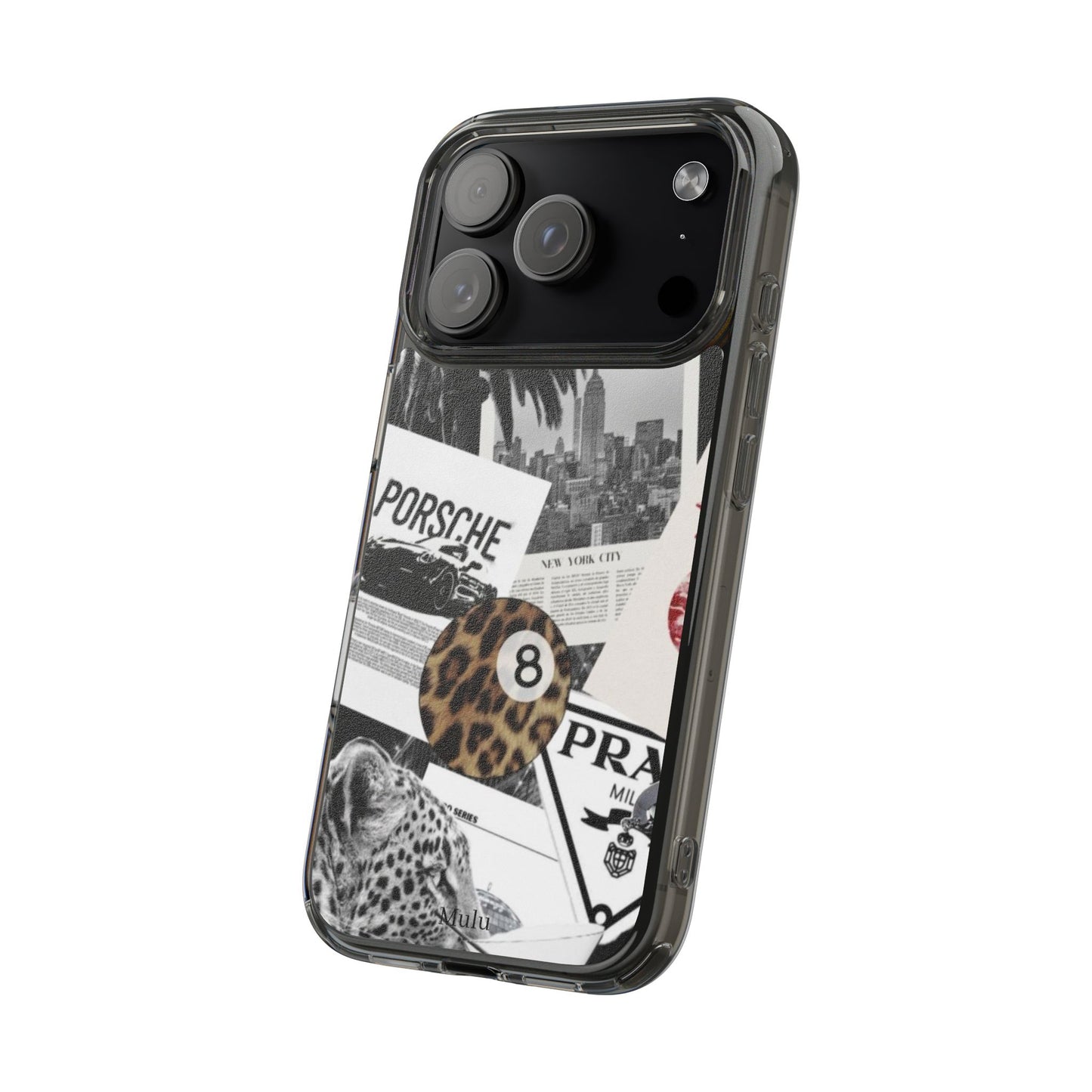 Clear Impact-Resistant Phone Case — Collage Luxury Leopard & Vintage Car Design