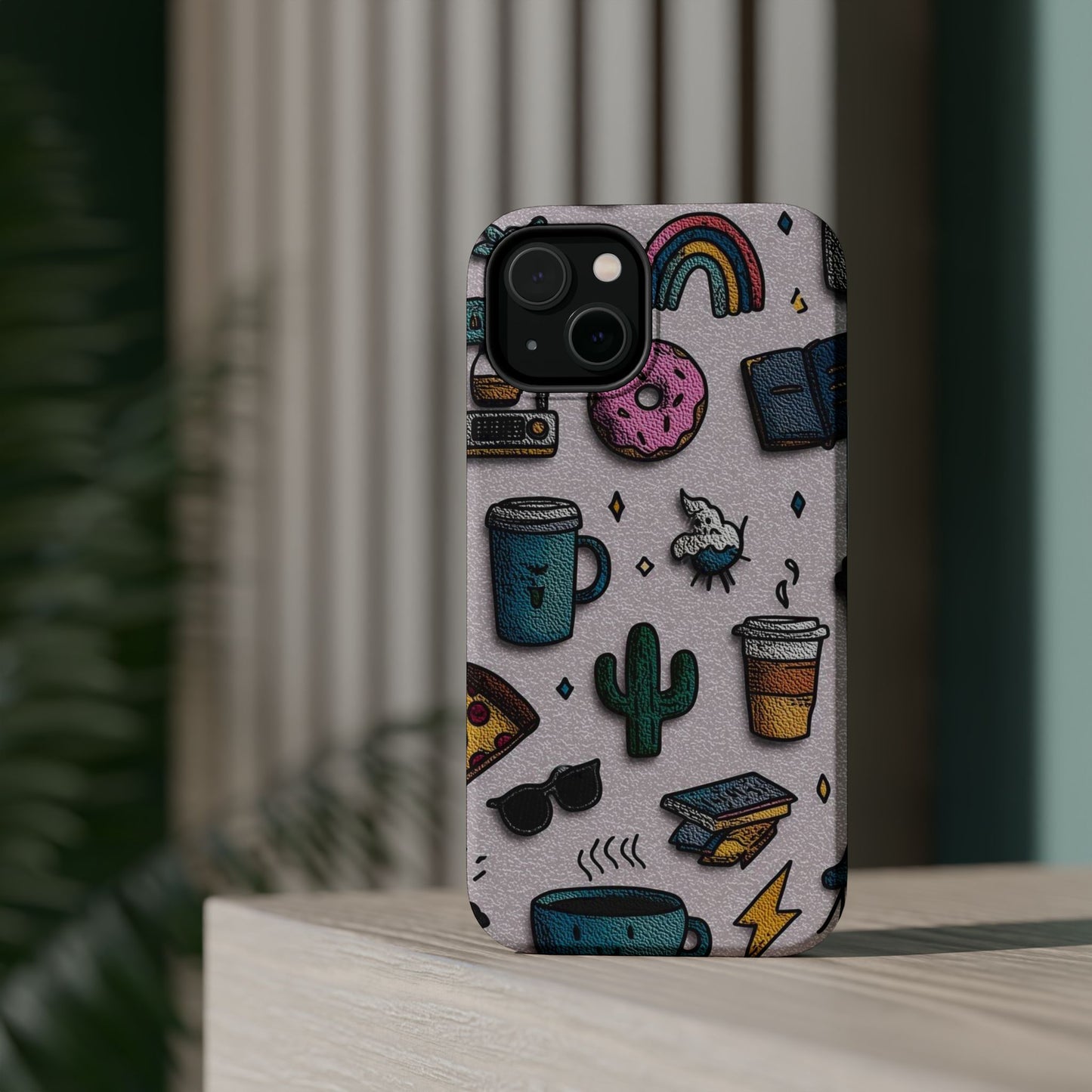 Cute Doodle Phone Case — Magnetic Impact-Resistant Design (coffee, rainbow, cactus)