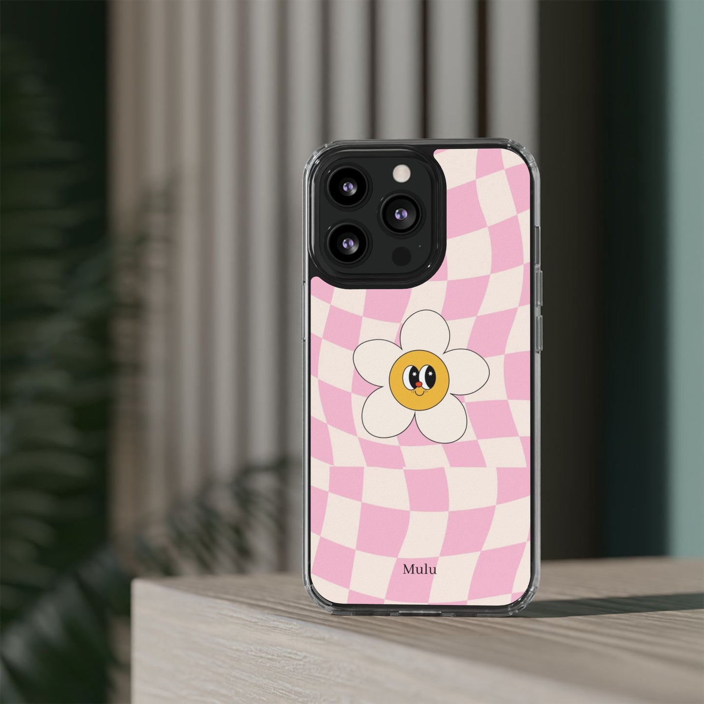 Clear Impact-Resistant Phone Case — Pink Checkerboard Daisy Design