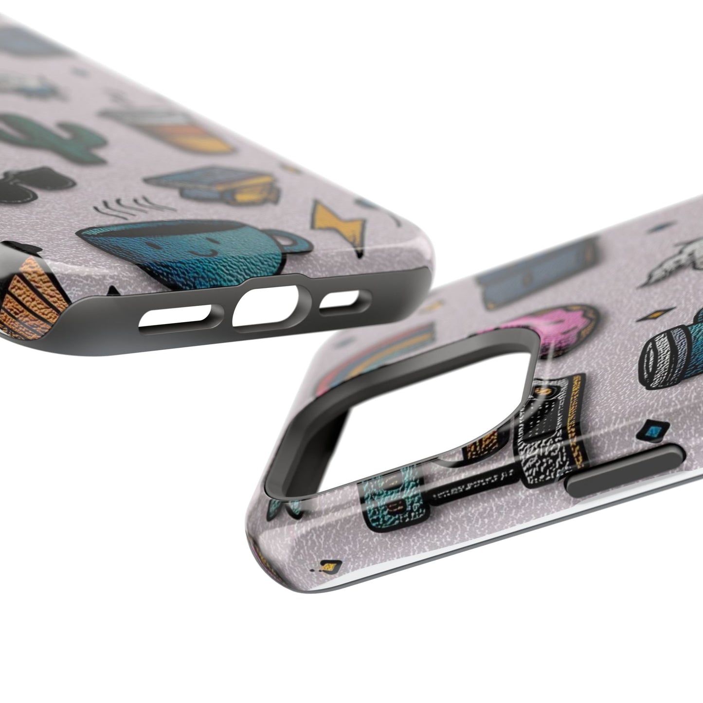 Cute Doodle Phone Case — Magnetic Impact-Resistant Design (coffee, rainbow, cactus)