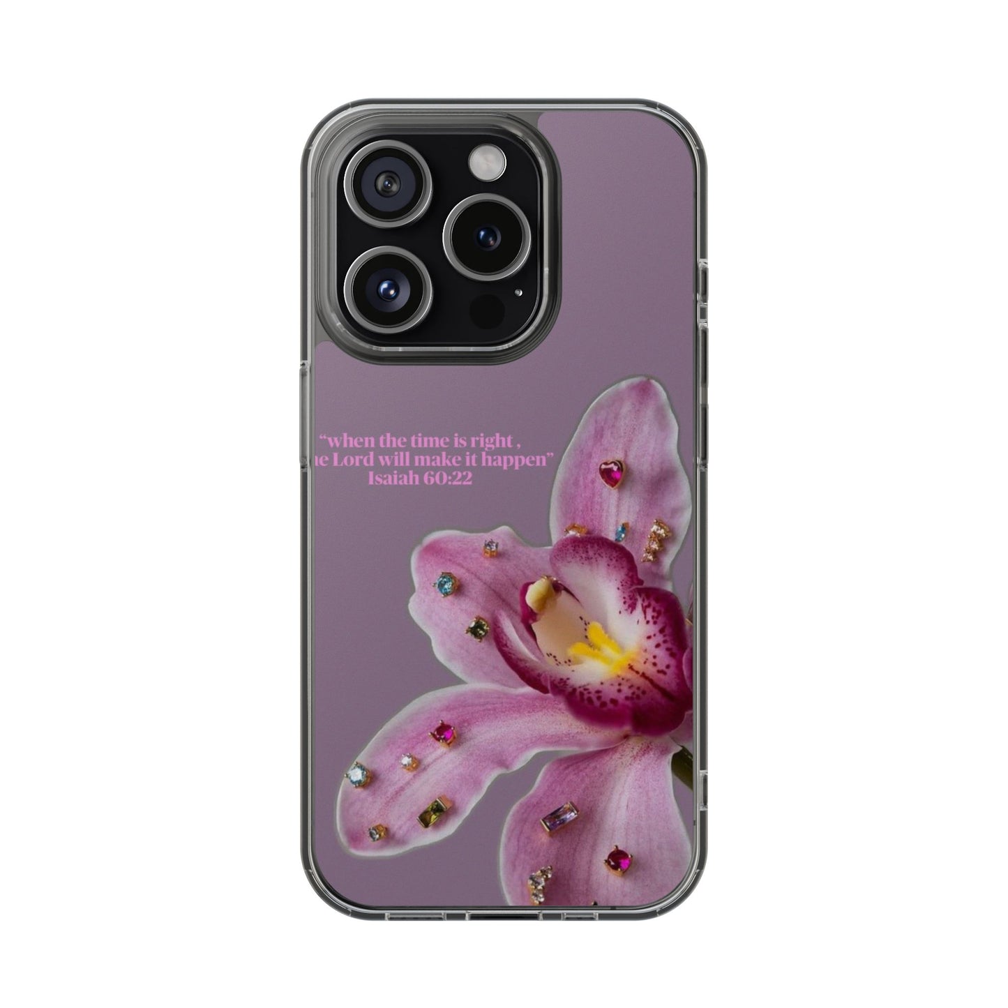 Clear Floral Impact-Resistant Phone Case — "When the time is right" Rose Orchid Design