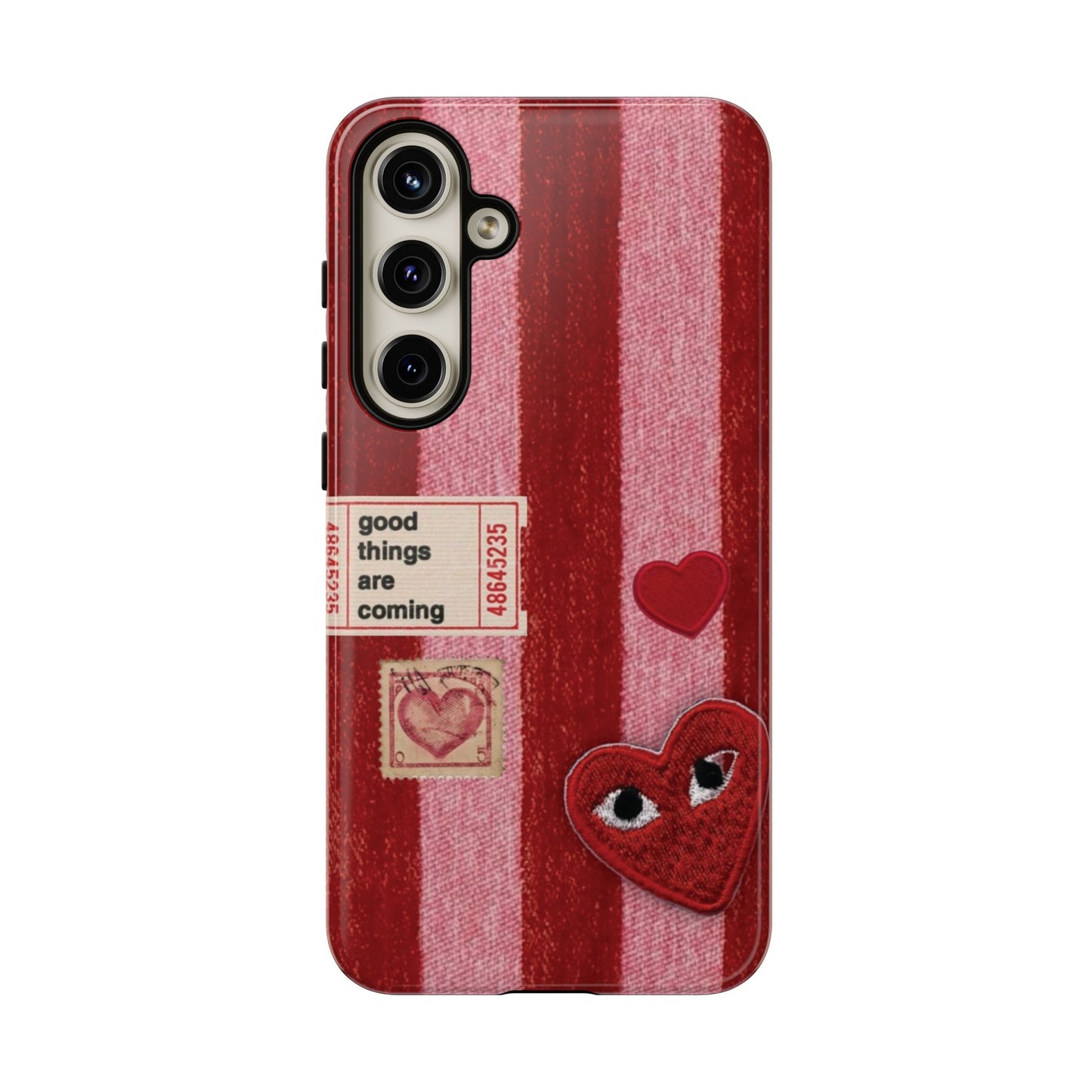 Phone Case — Red Striped Heart Design with “Good Things Are Coming”