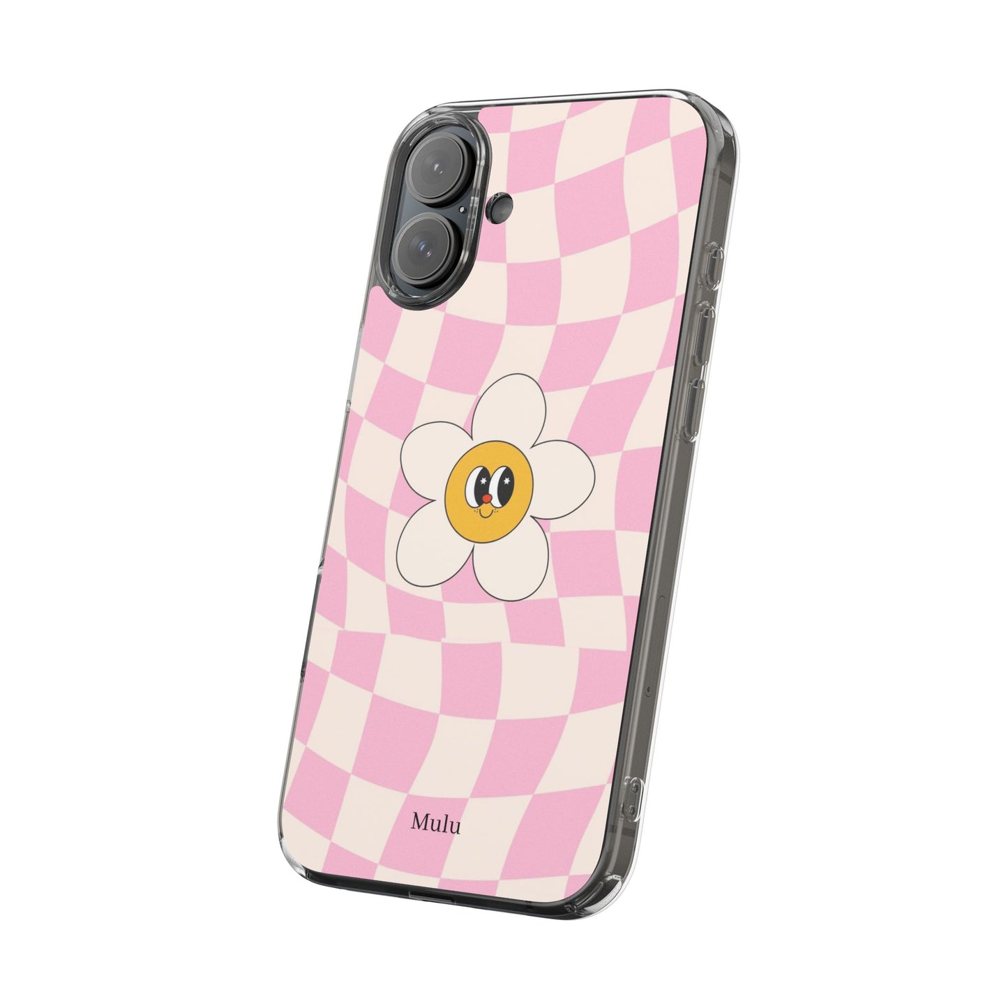 Clear Impact-Resistant Phone Case — Pink Checkerboard Daisy Design