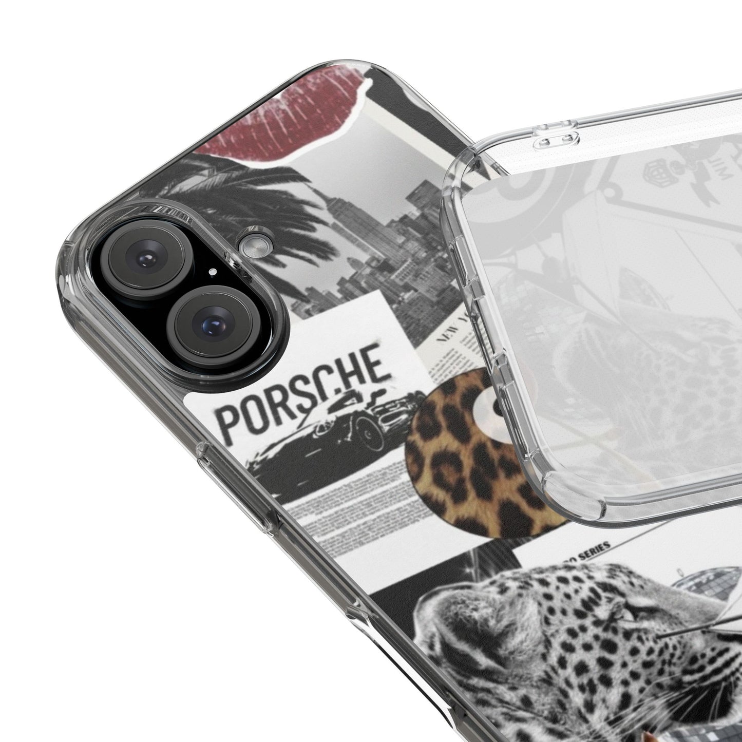 Clear Impact-Resistant Phone Case — Collage Luxury Leopard & Vintage Car Design