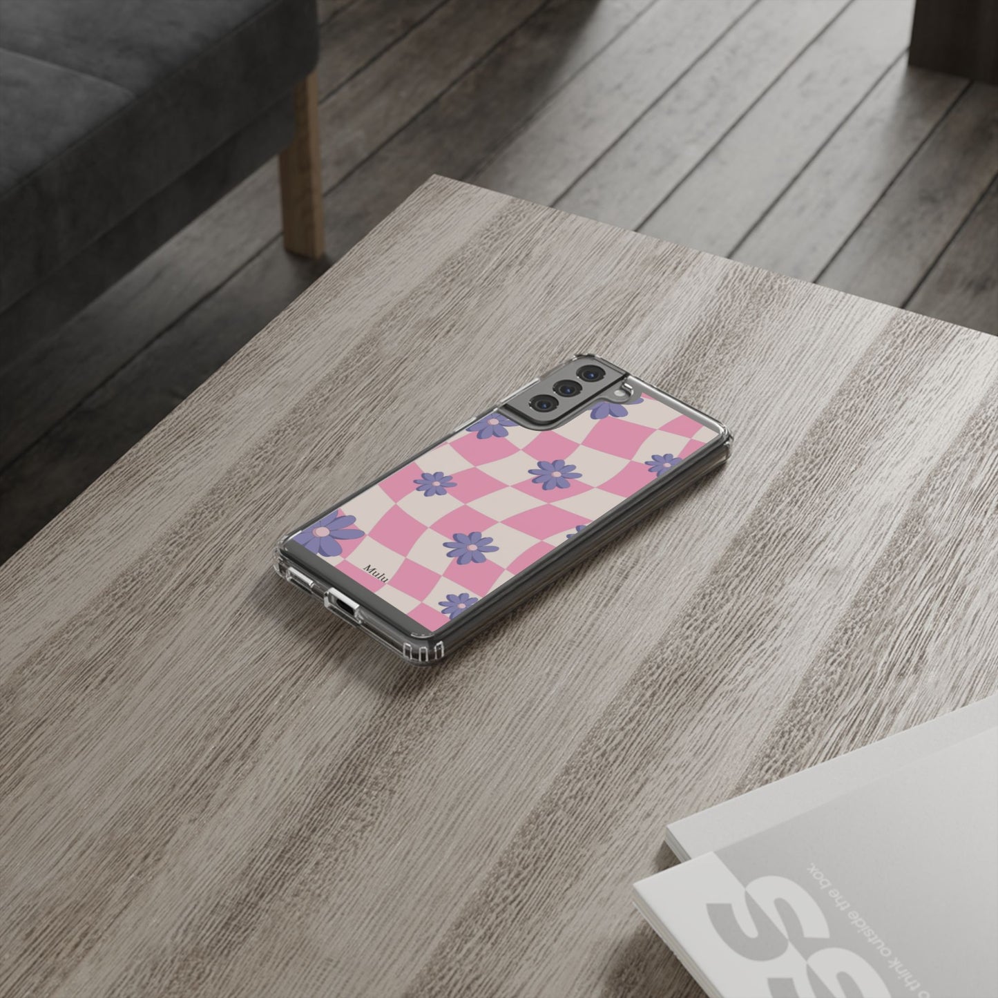 Clear Impact Phone Case — Pink Checkerboard with Purple Flowers