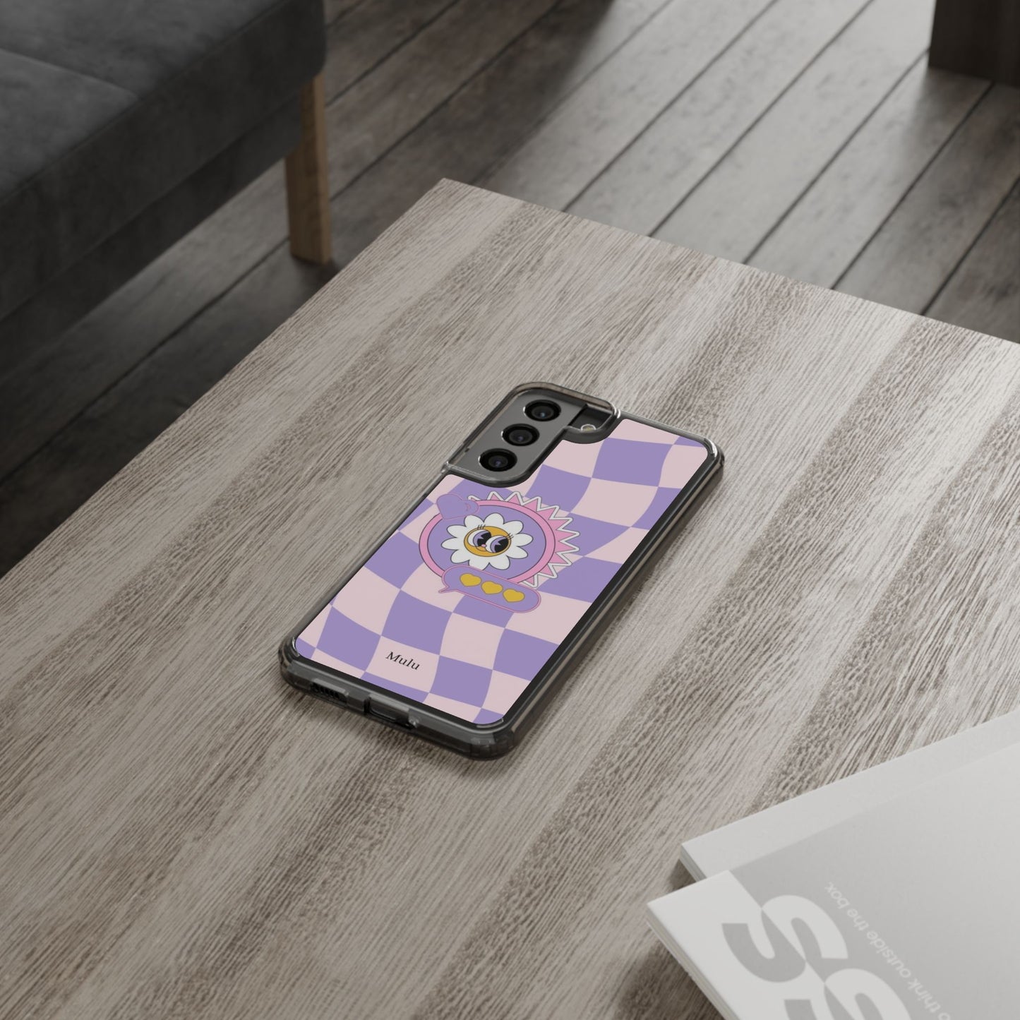 Clear Impact-Resistant Case — Cute Purple Checkerboard Dino with 'Mulu'