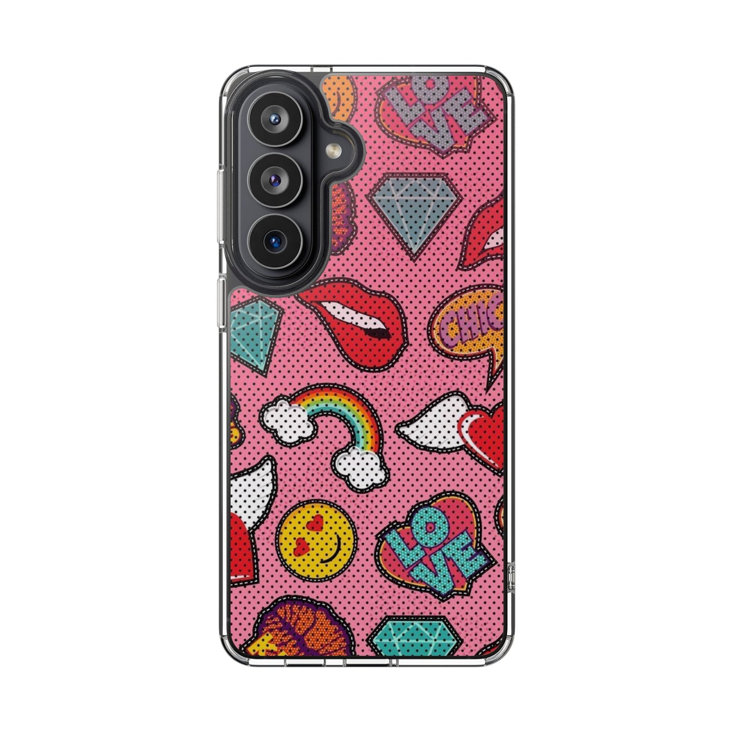 Clear Impact-Resistant Phone Case — Pink Pop Sticker Pattern (Hearts, Rainbows, Smileys)