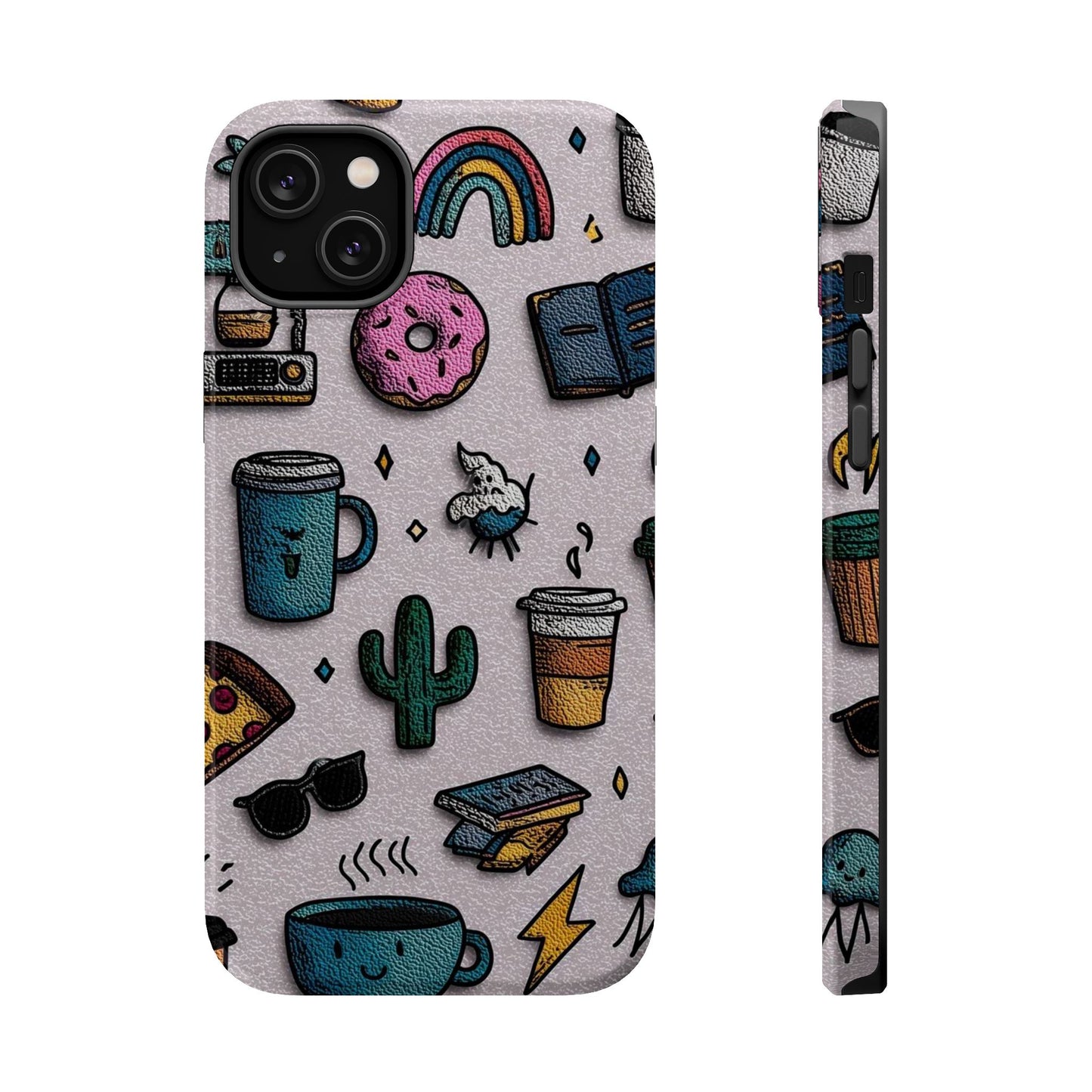 Cute Doodle Phone Case — Magnetic Impact-Resistant Design (coffee, rainbow, cactus)