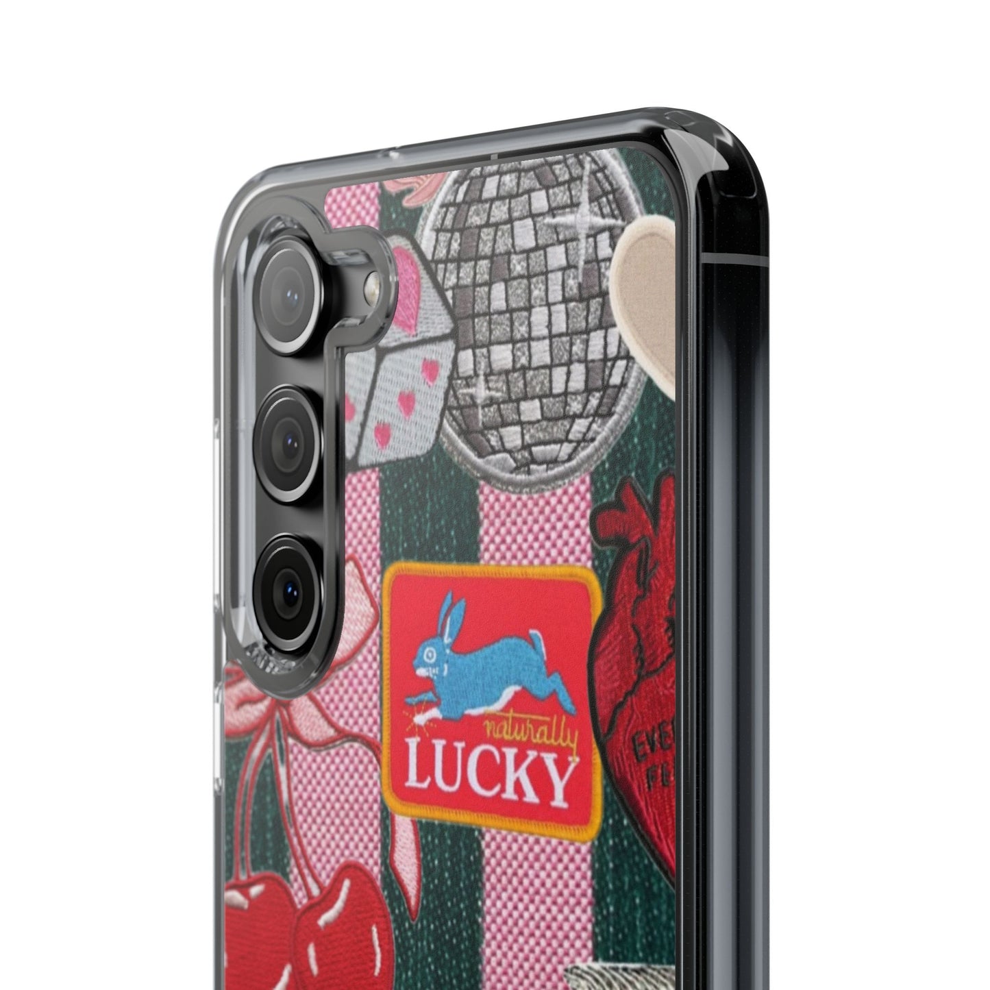 Clear Impact-Resistant Phone Case — Retro Patchwork Stickers (Lucky, Cherries, Silly Goose)