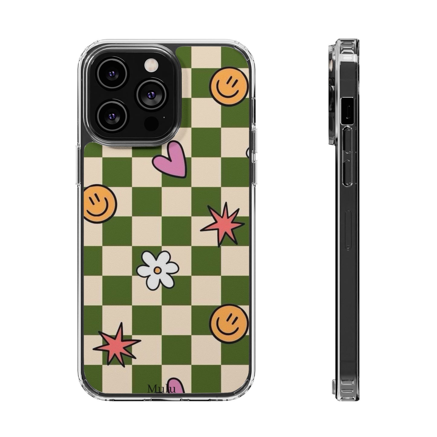 Clear Impact-Resistant Case — Retro Green Checkerboard with Smiley, Hearts & Flowers