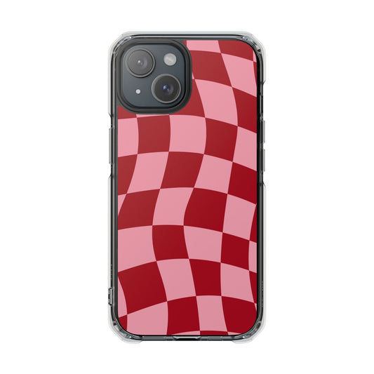 Clear Magnetic Phone Case — Red & Pink Wavy Check Pattern