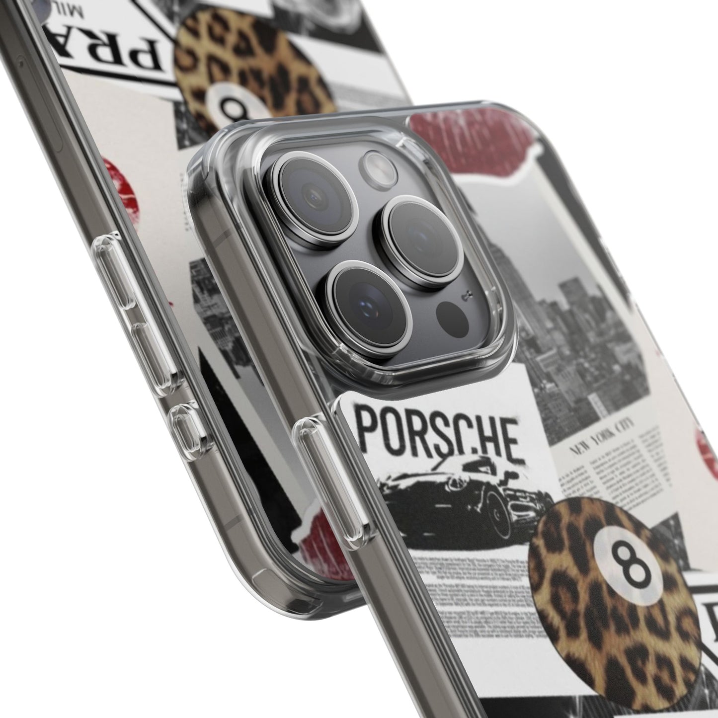Clear Impact-Resistant Phone Case — Collage Luxury Leopard & Vintage Car Design