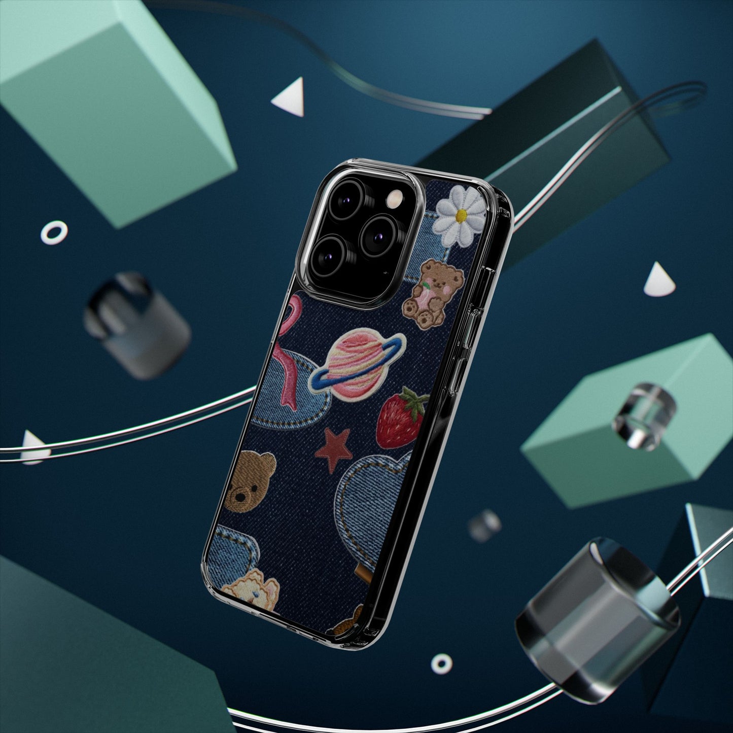 Clear Impact-Resistant Phone Case — Cute Denim Patch Collage (Teddy, Strawberry, Planet)