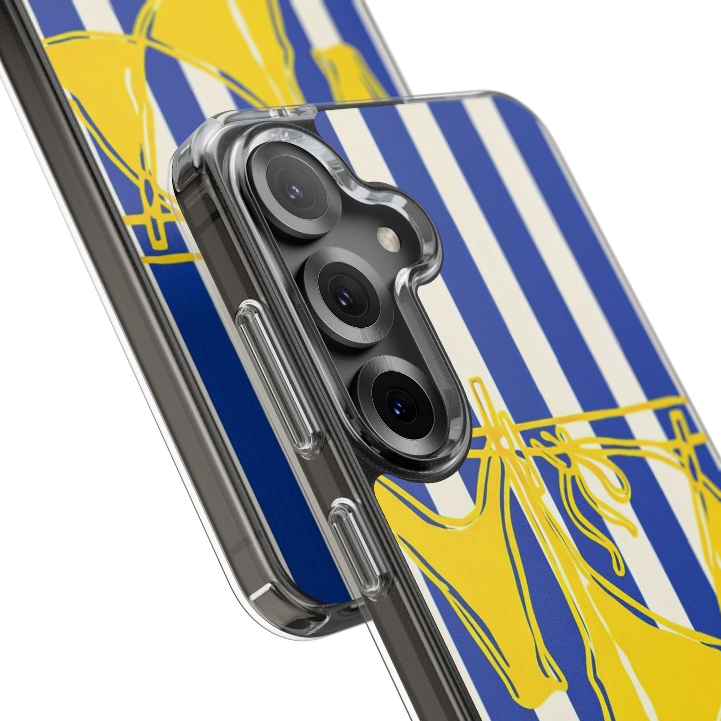 Striped Beach Bikini Phone Case — Yellow Swimwear on Blue & White Stripes, Clear Impact-Resistant
