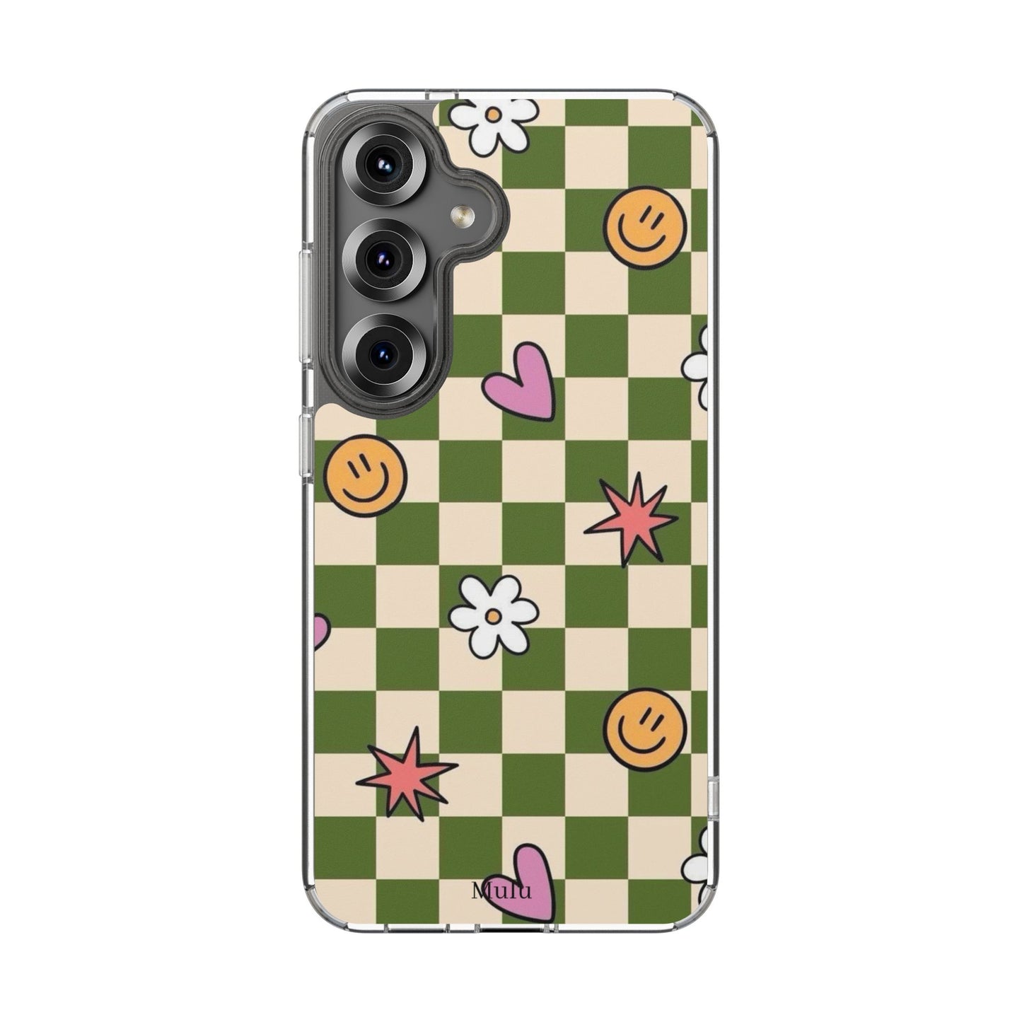 Clear Impact-Resistant Case — Retro Green Checkerboard with Smiley, Hearts & Flowers