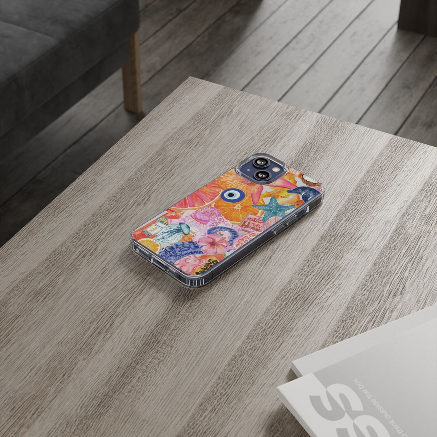 Clear Impact-Resistant Phone Case — Colorful Tropical Collage Design