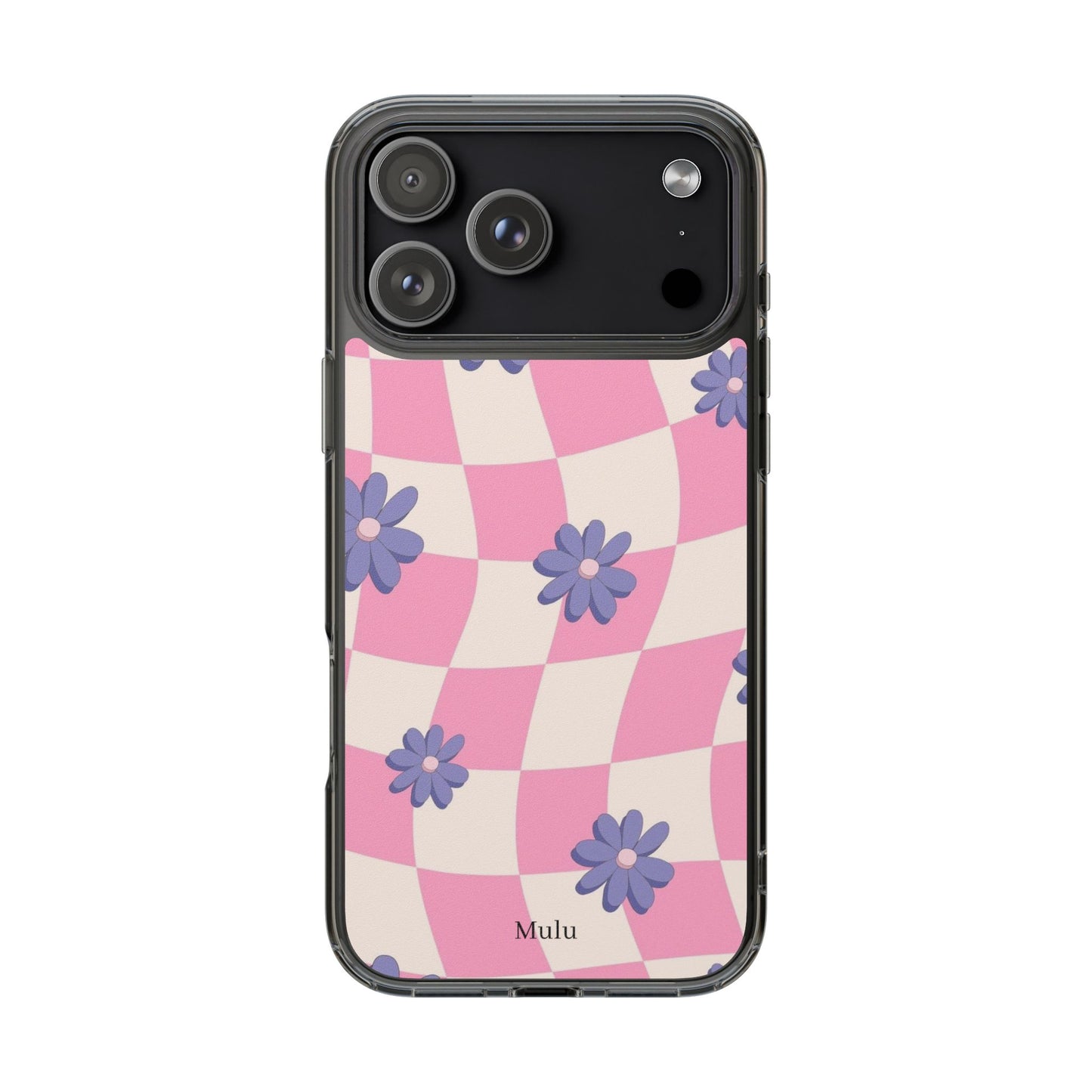Clear Impact Phone Case — Pink Checkerboard with Purple Flowers