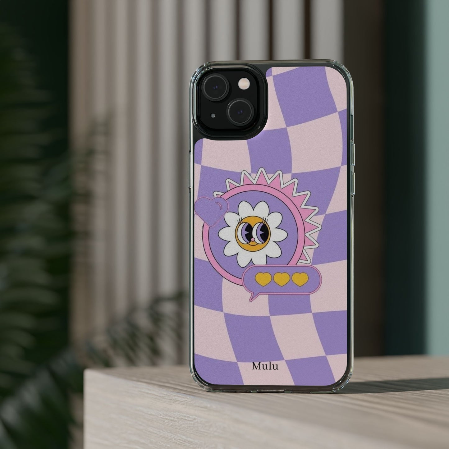 Clear Impact-Resistant Case — Cute Purple Checkerboard Dino with 'Mulu'