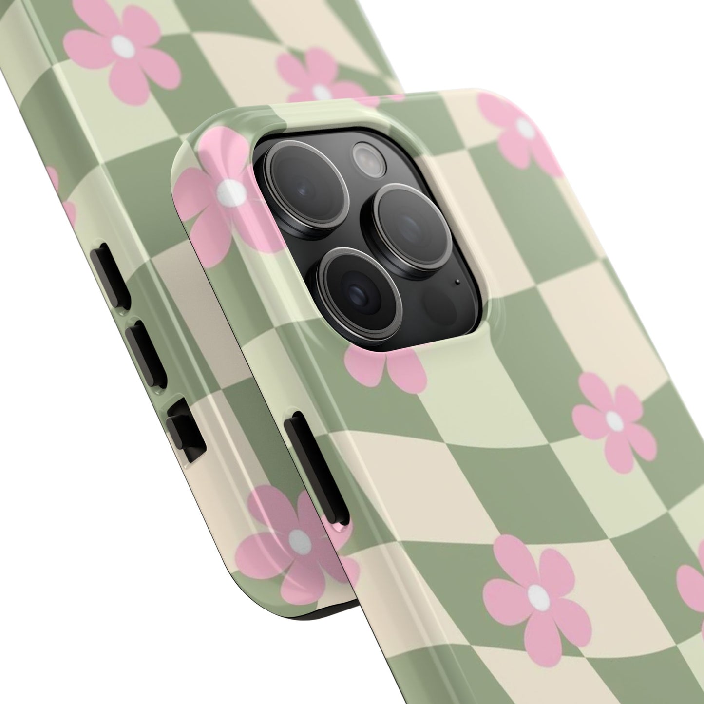 Tough Phone Case — Retro Green Checkerboard with Pink Flowers