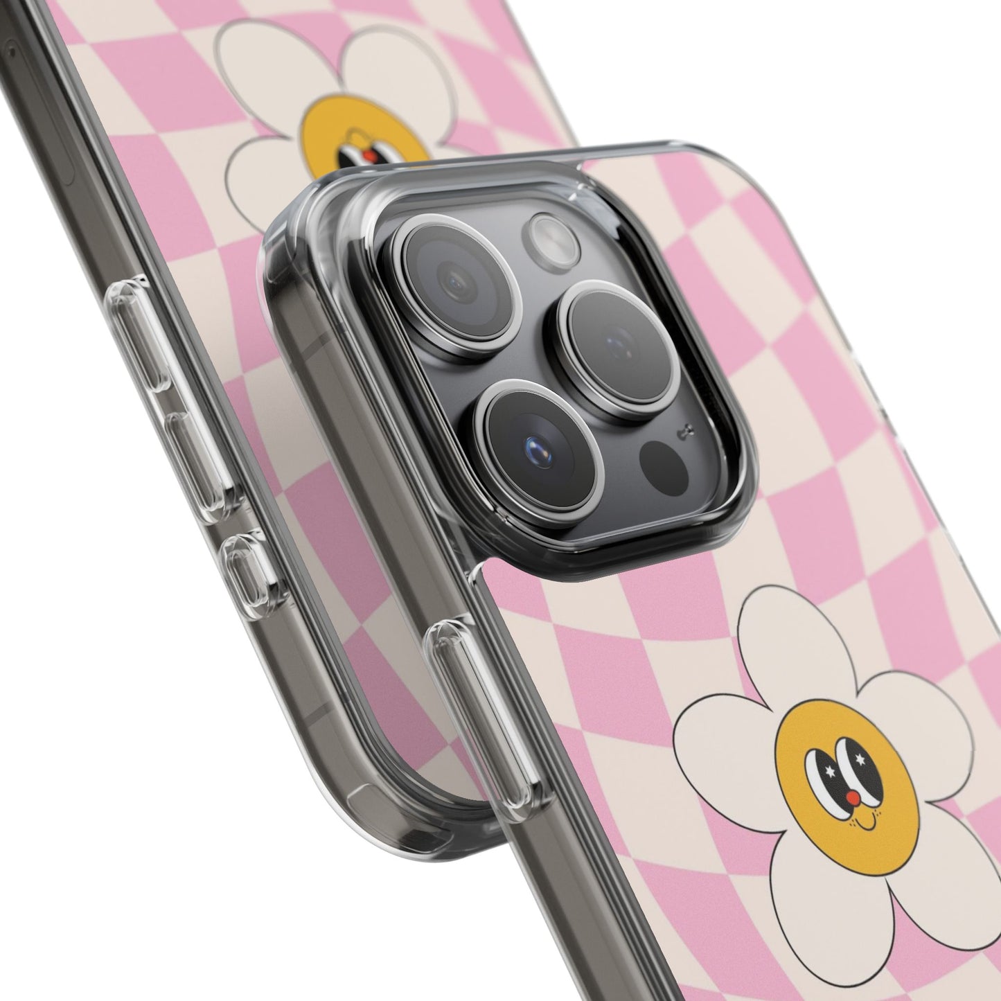 Clear Impact-Resistant Phone Case — Pink Checkerboard Daisy Design