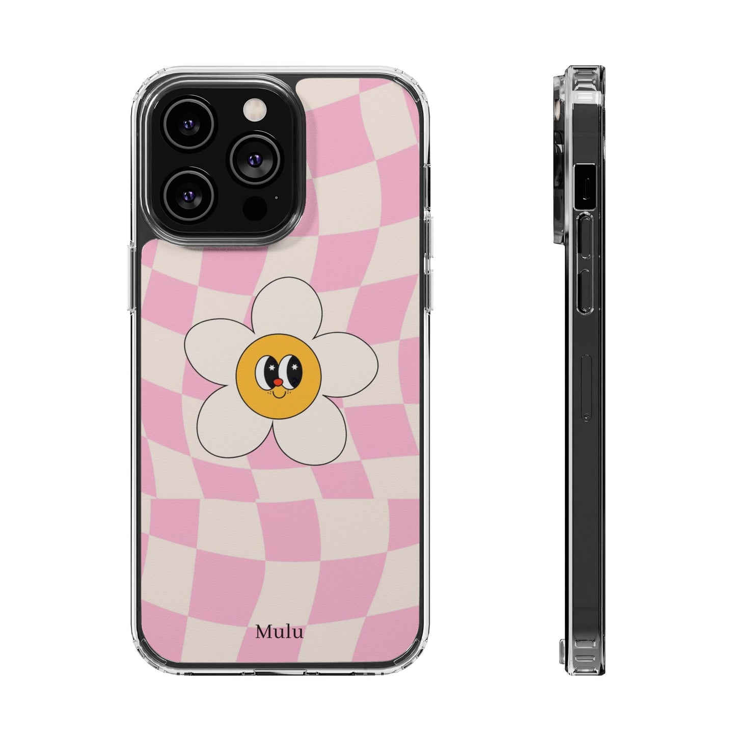 Clear Impact-Resistant Phone Case — Pink Checkerboard Daisy Design