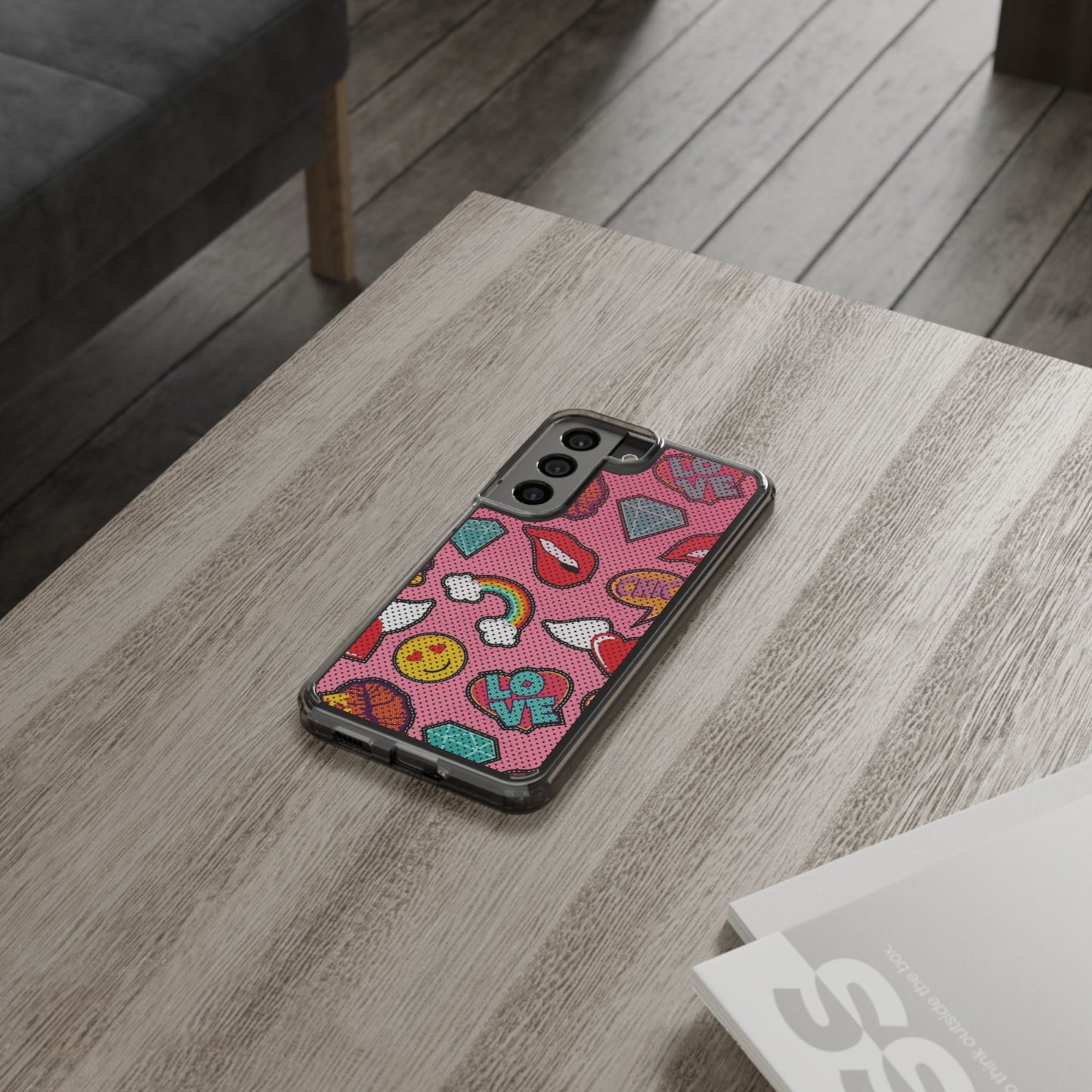 Clear Impact-Resistant Phone Case — Pink Pop Sticker Pattern (Hearts, Rainbows, Smileys)