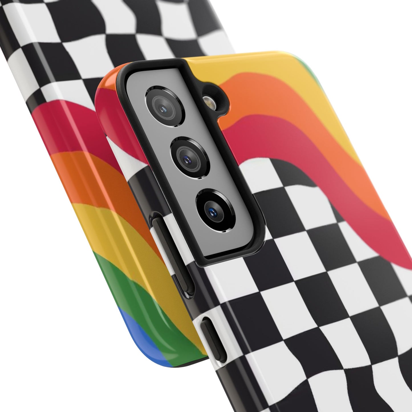 Retro Wavy Checkerboard Tough Phone Case — Rainbow Surf Skate Design