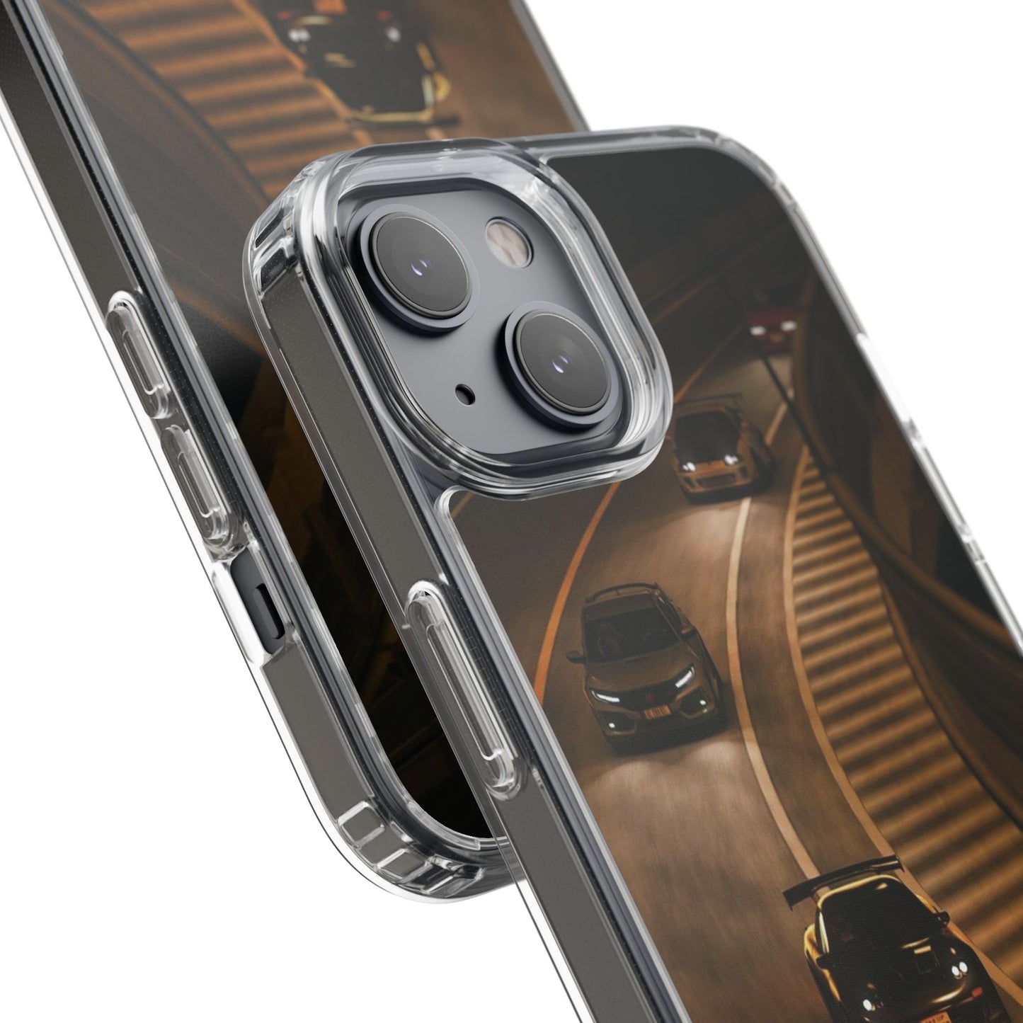 Racing Night Clear Phone Case – Sports Cars on Curved Highway