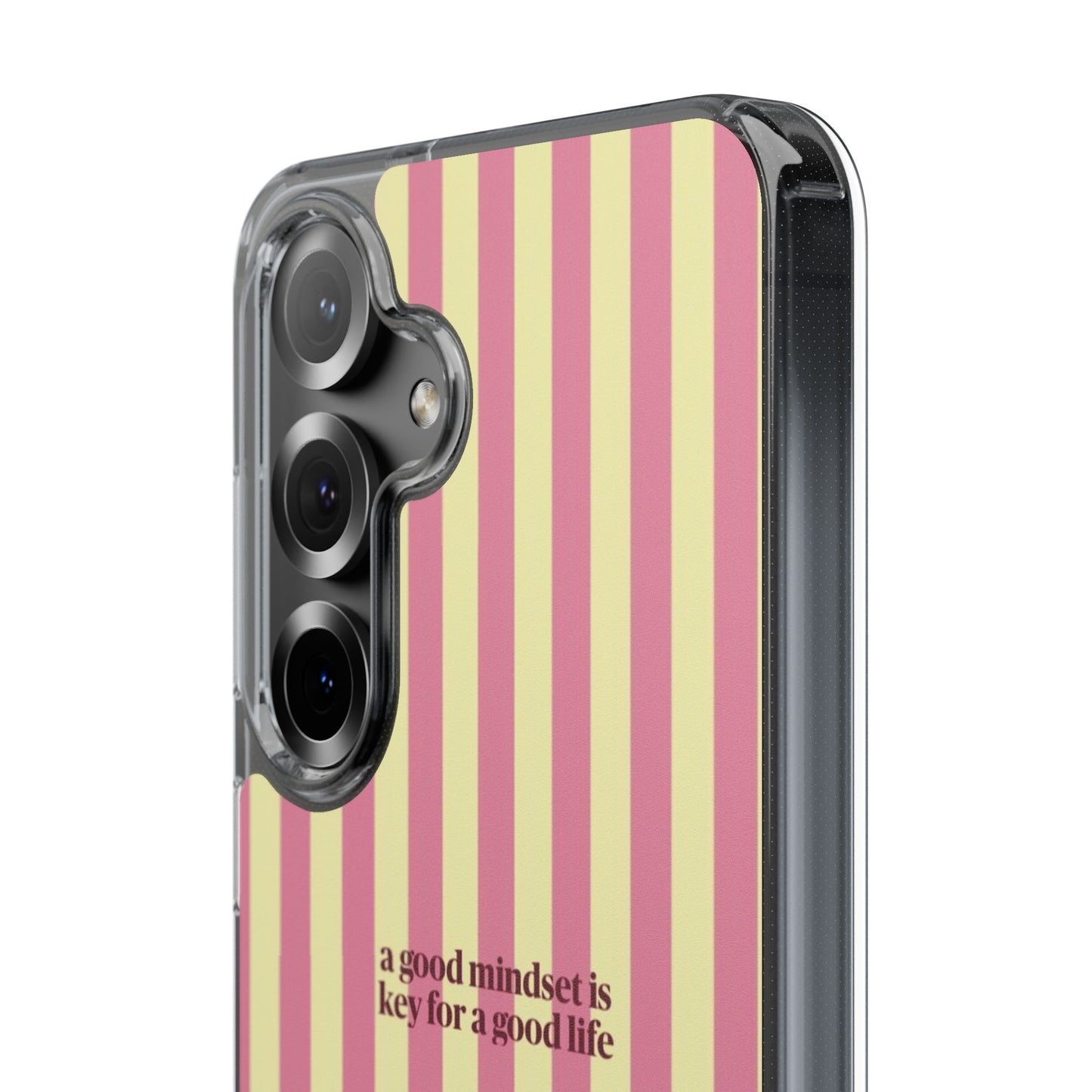 Striped Clear Phone Case — "A Good Mindset Is Key for a Good Life" Motivational iPhone Case