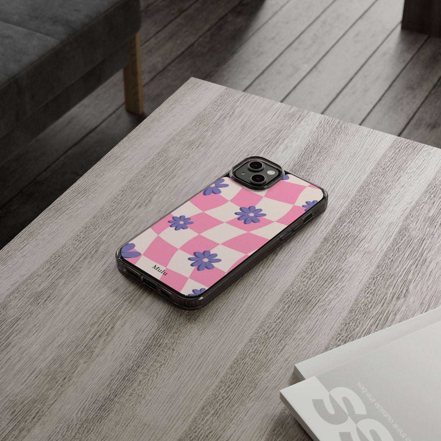 Clear Impact Phone Case — Pink Checkerboard with Purple Flowers